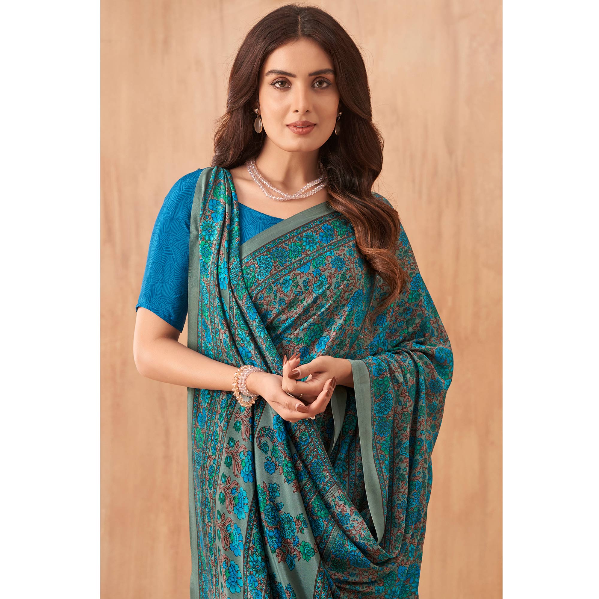 Teal Floral Printed Crepe Saree