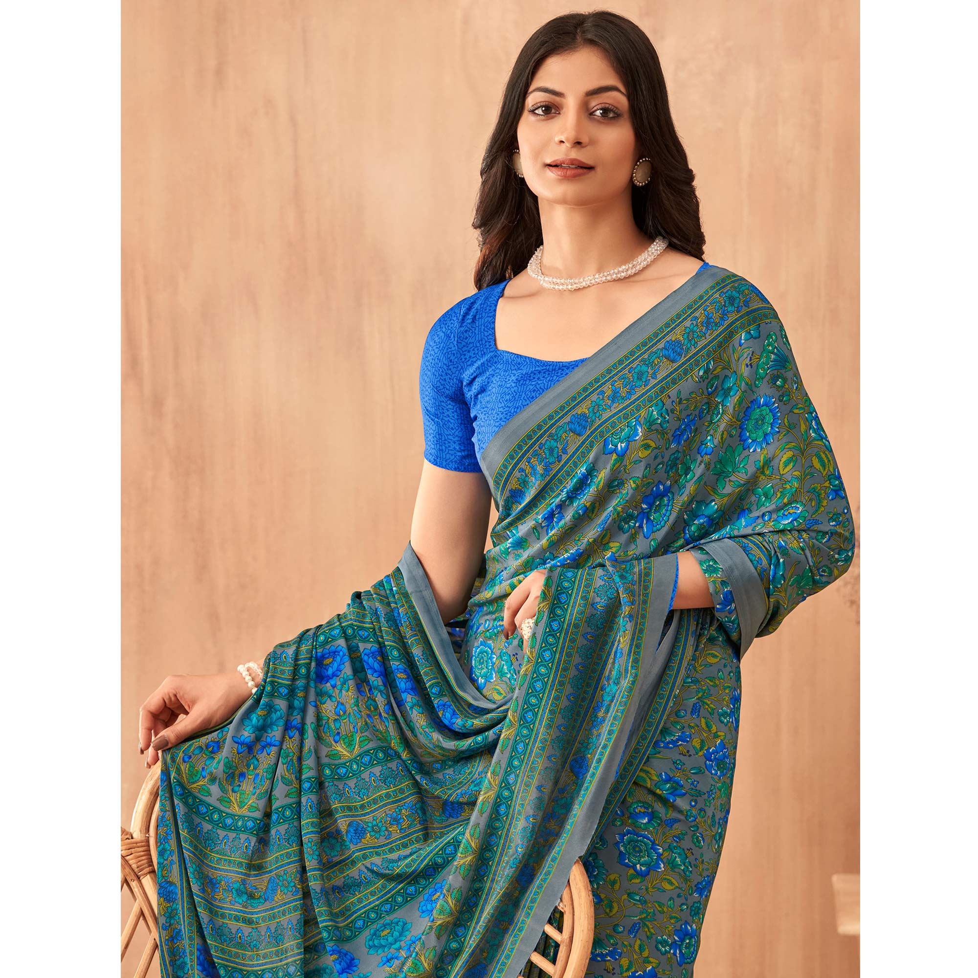 Teal Floral Printed Crepe Saree