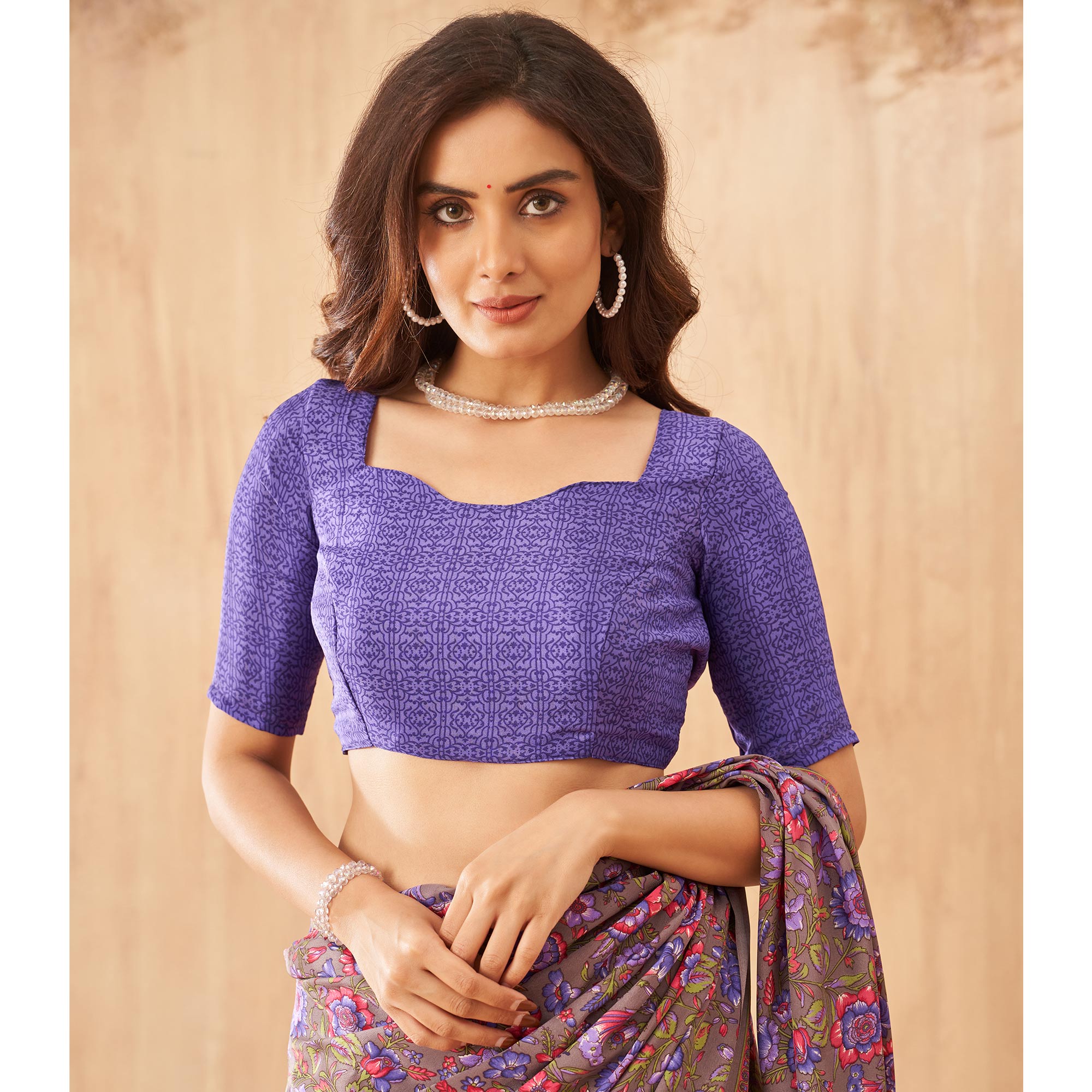Purple Floral Printed Crepe Saree