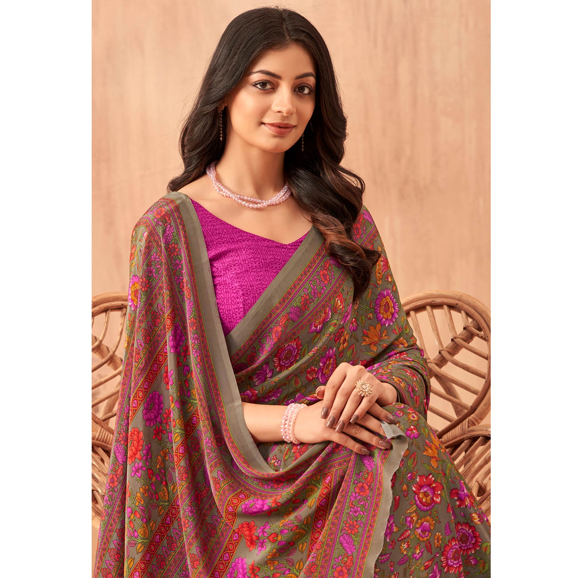 Pink Floral Printed Crepe Saree