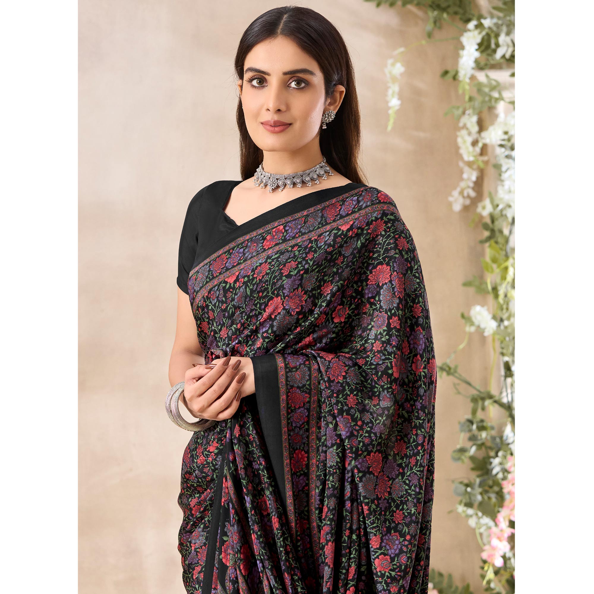 Black Floral Printed Crepe Saree