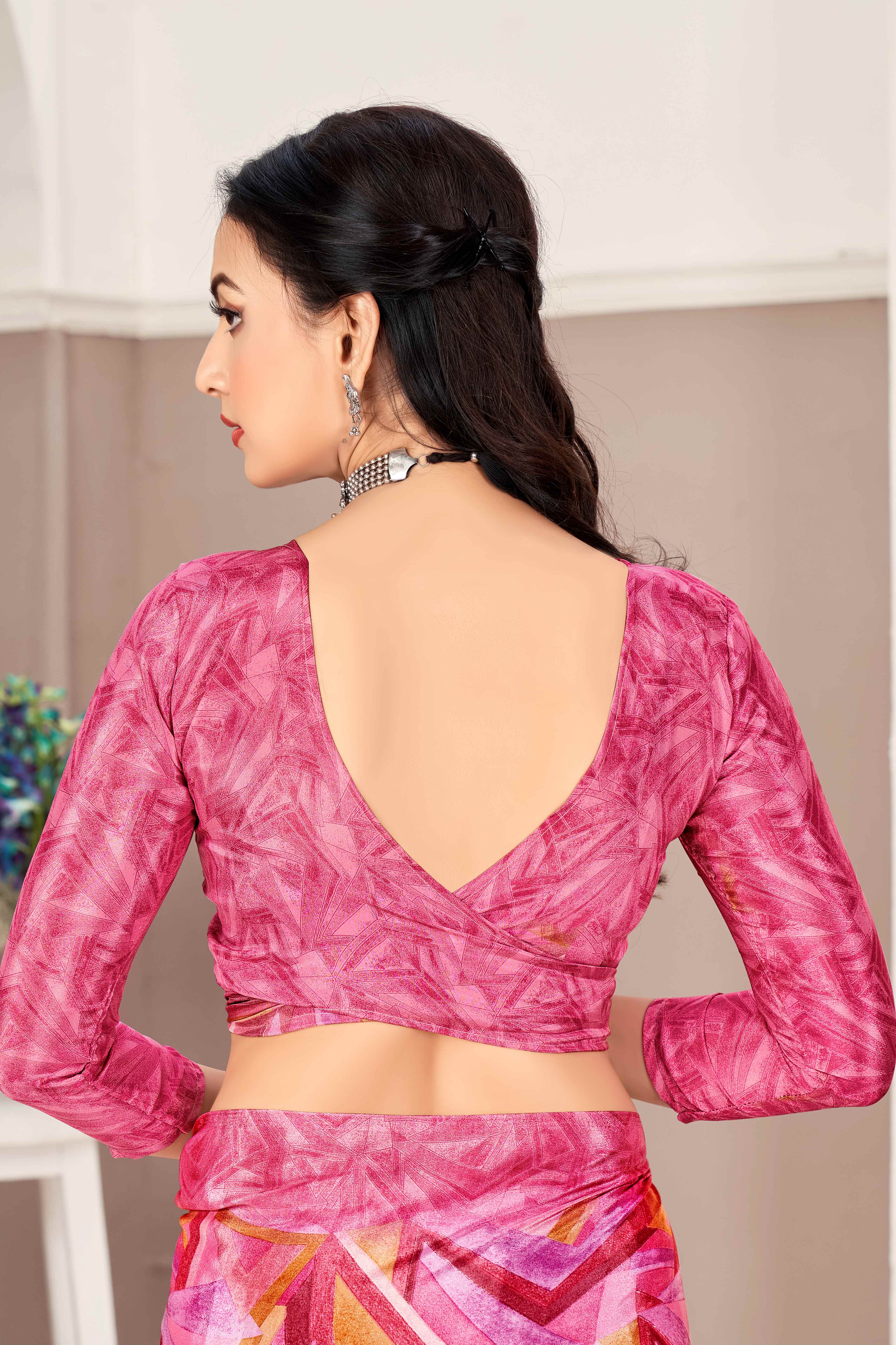 Pink Silk Crepe Saree With Artistic Geometric Printed Work