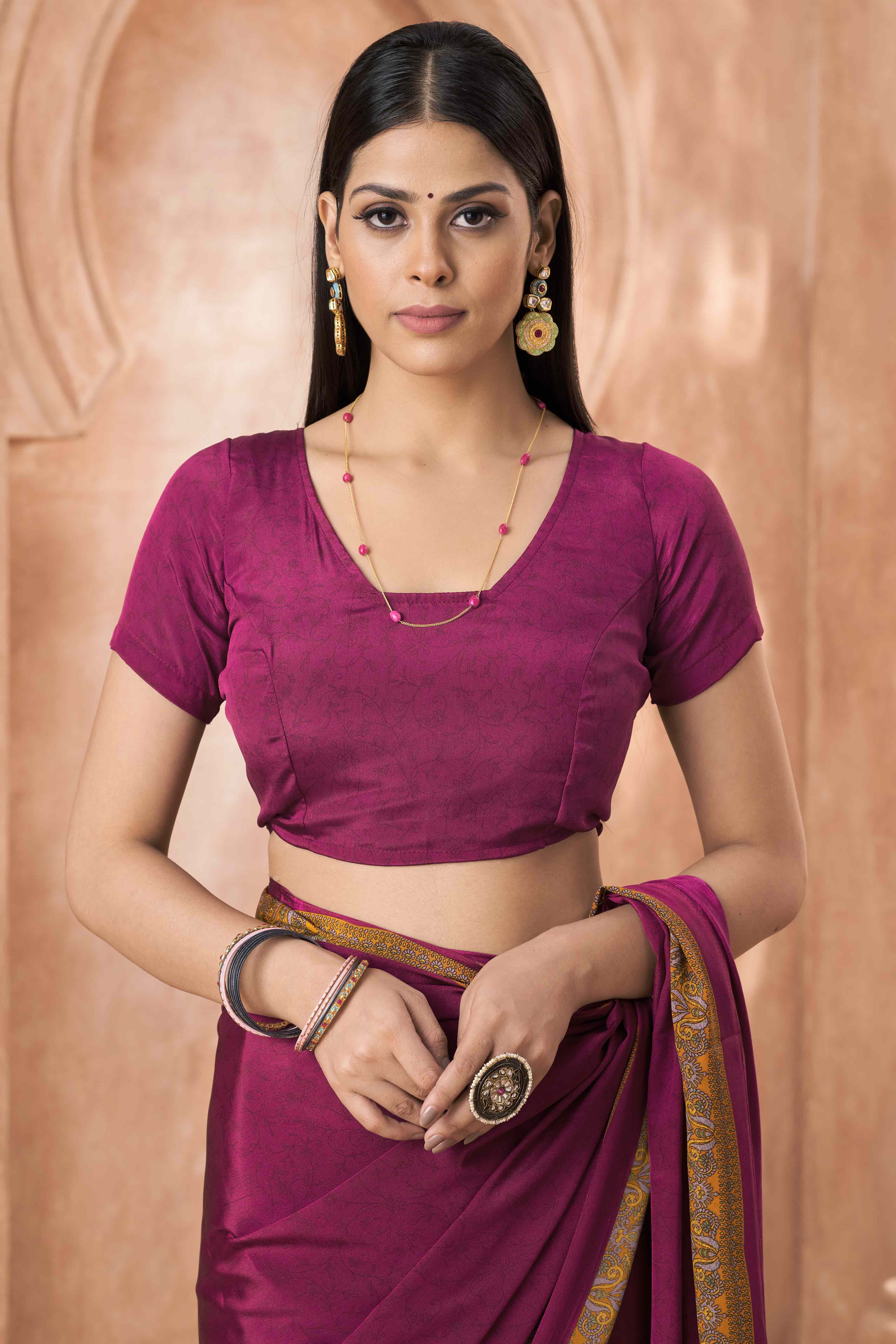 3Dark Magenta Crepe Silk Saree with Elegant Floral Print Detailing