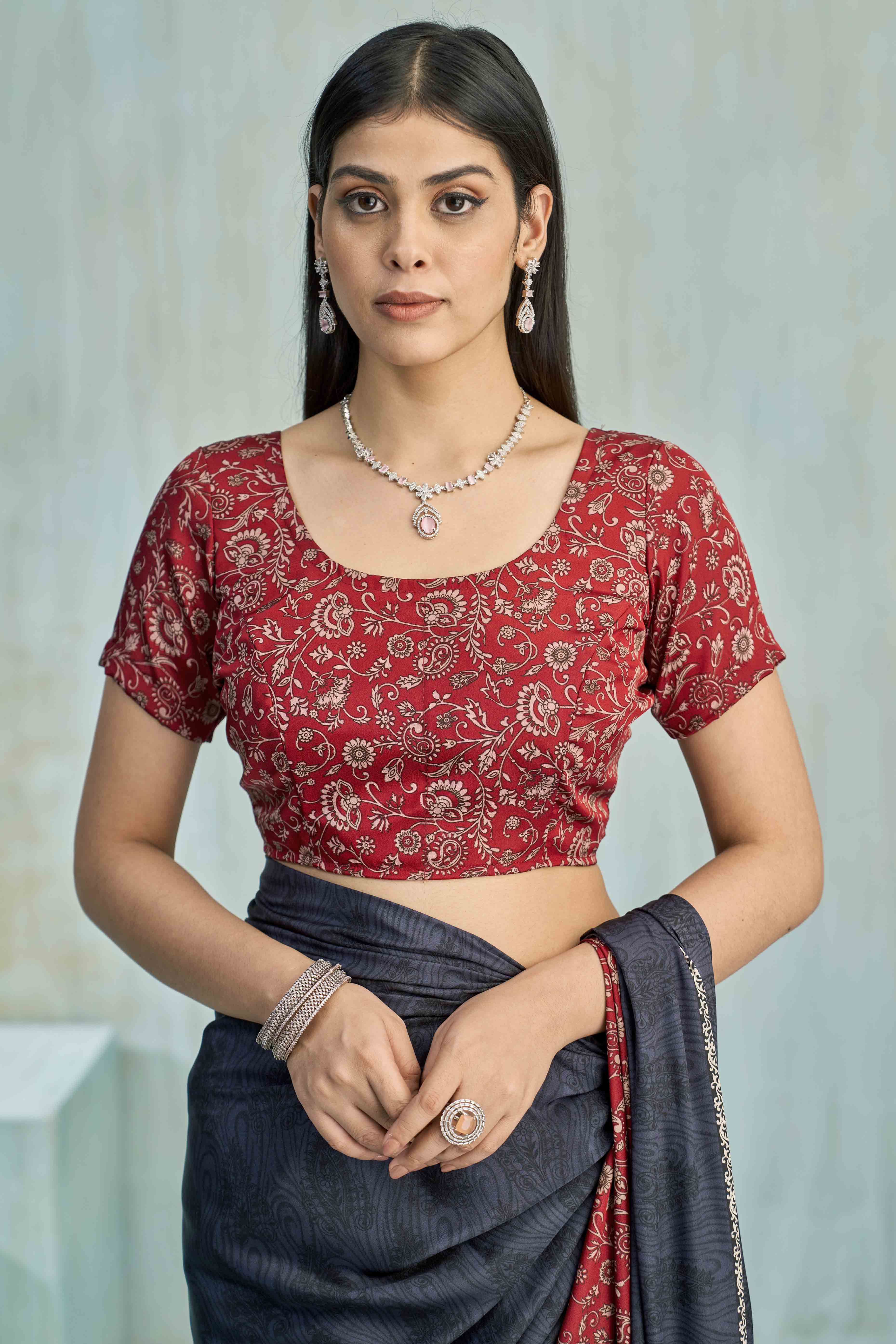 Dark Grey Crepe Silk Saree Featuring Delicate Floral Print Work