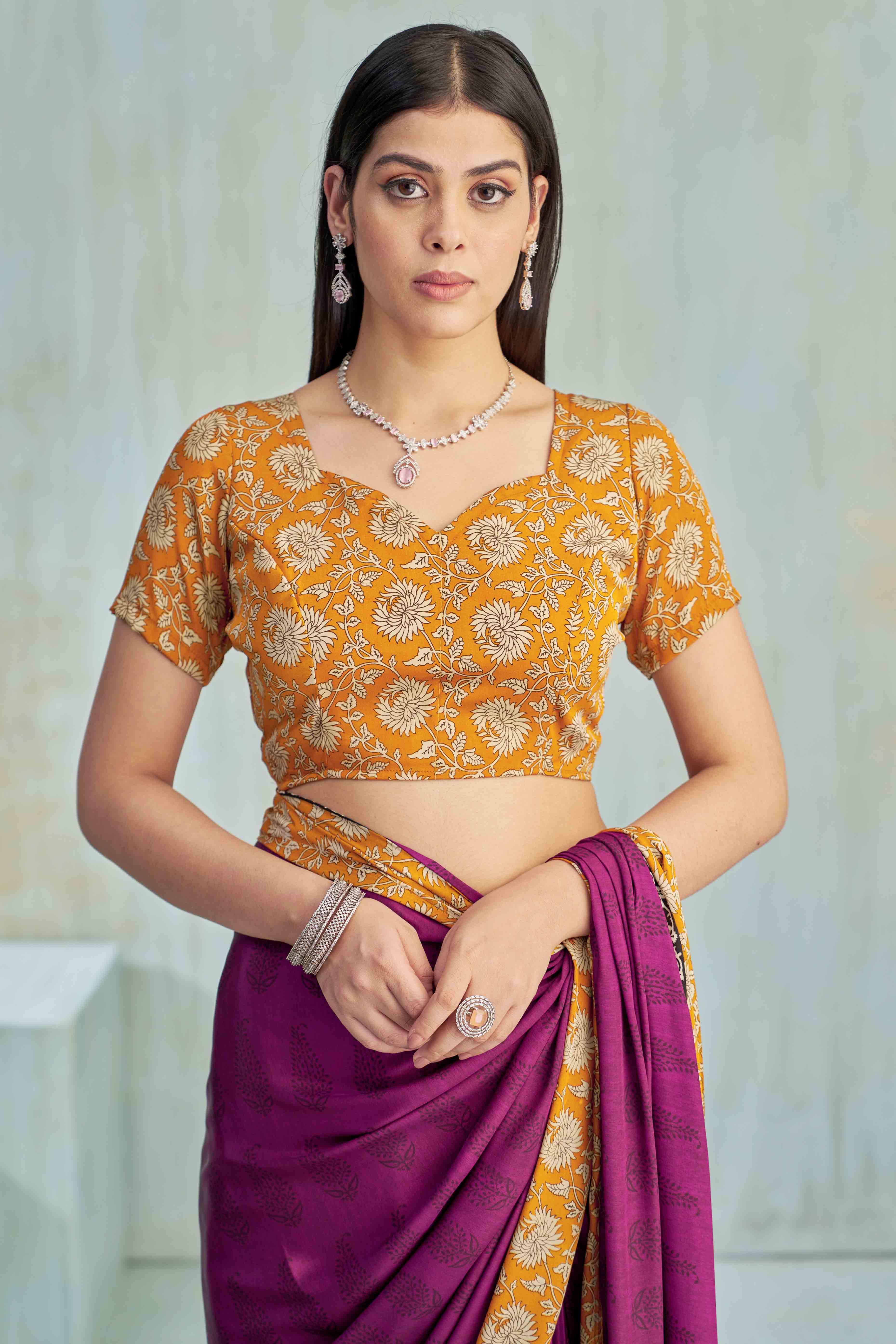 Dark Magenta Crepe Silk Saree Featuring Delicate Floral Print Work