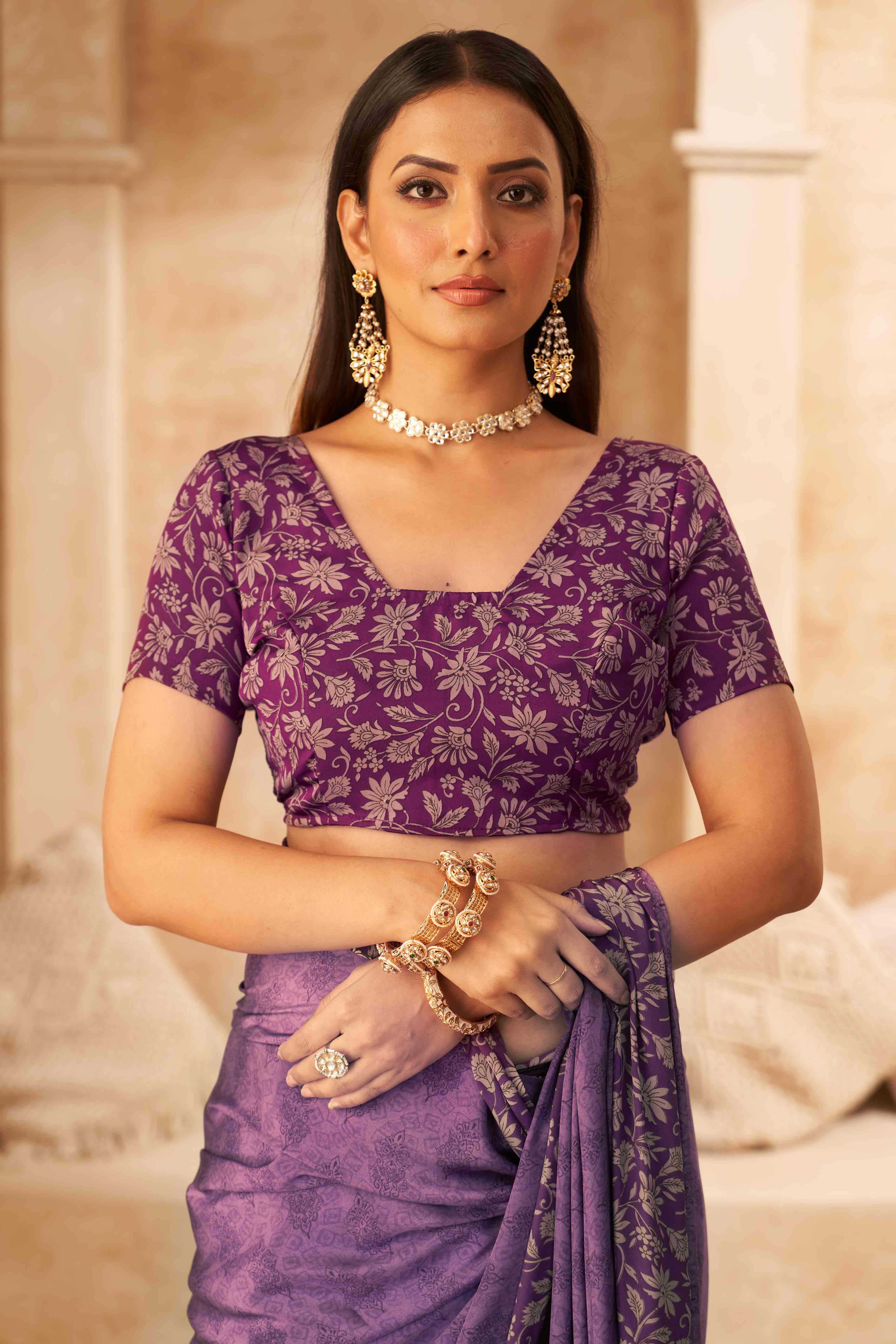 Plum Purple Crepe Silk Saree With Timeless Floral Print Detailing