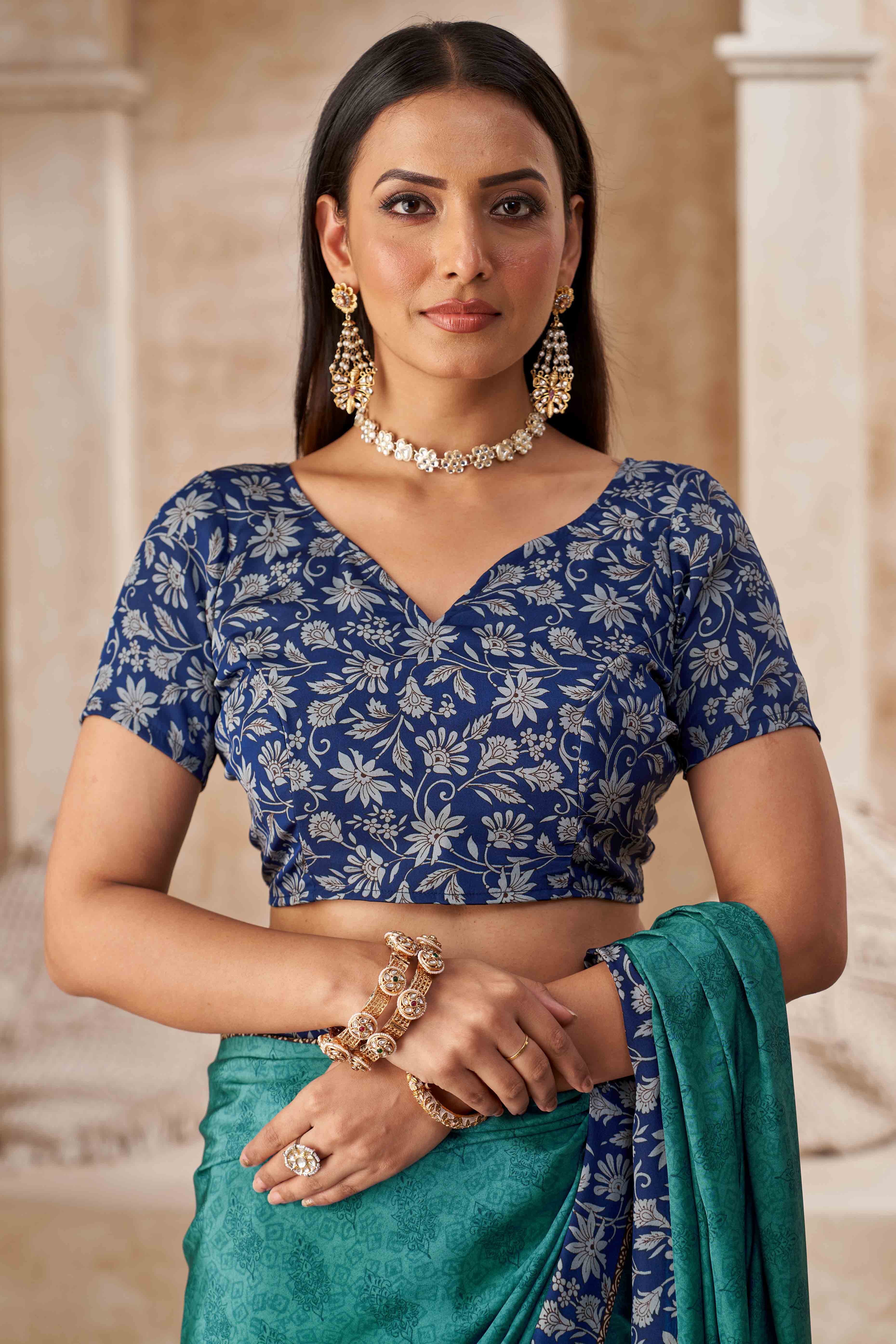 Teal Crepe Silk Saree With Timeless Floral Print Detailing