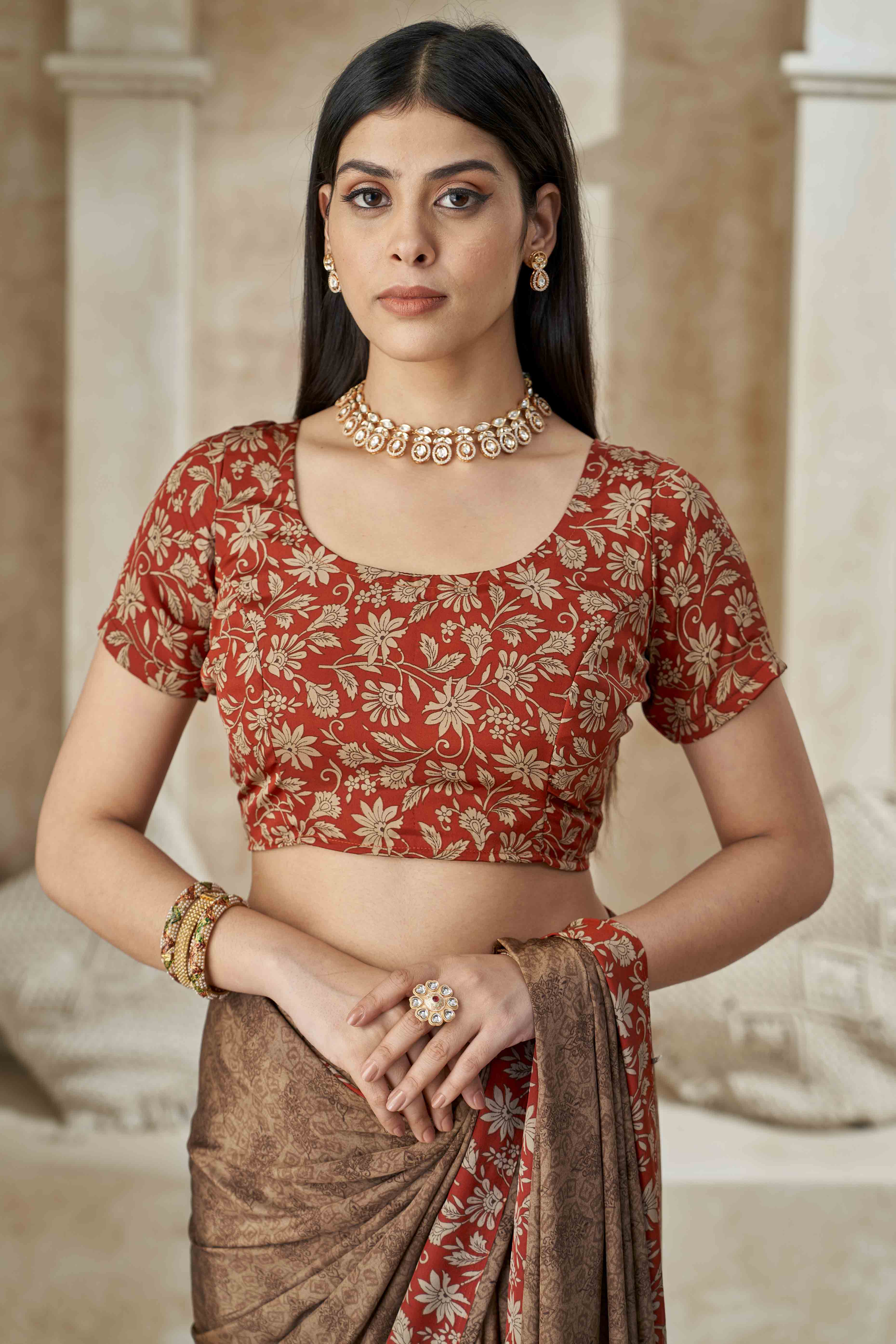 Brown Crepe Silk Saree With Timeless Floral Print Detailing