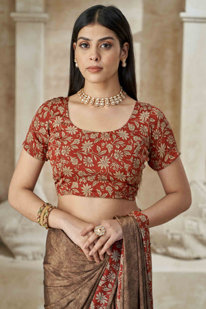 Brown Crepe Silk Saree With Timeless Floral Print Detailing