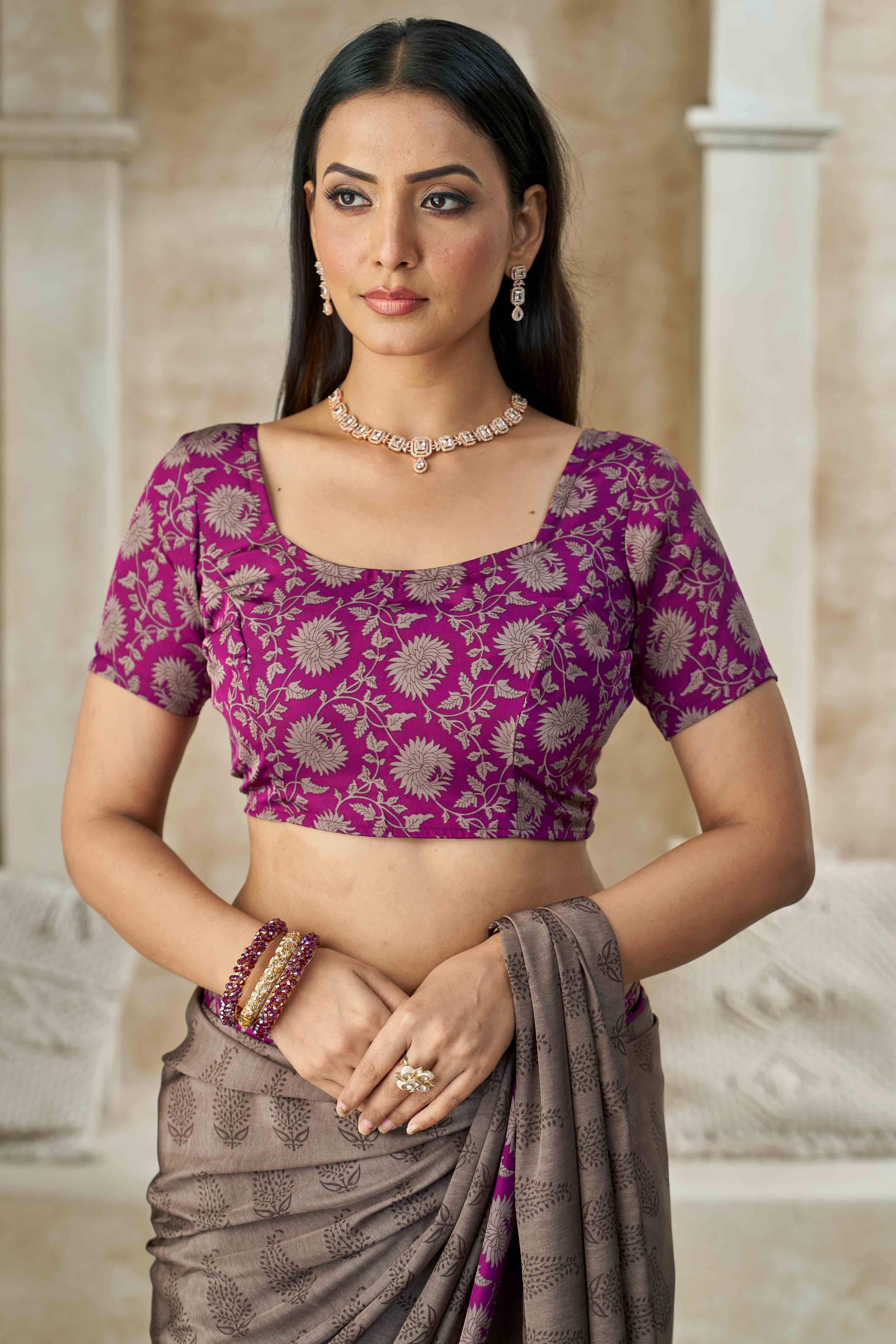 Taupe Crepe Silk Saree With Timeless Floral Print Detailing