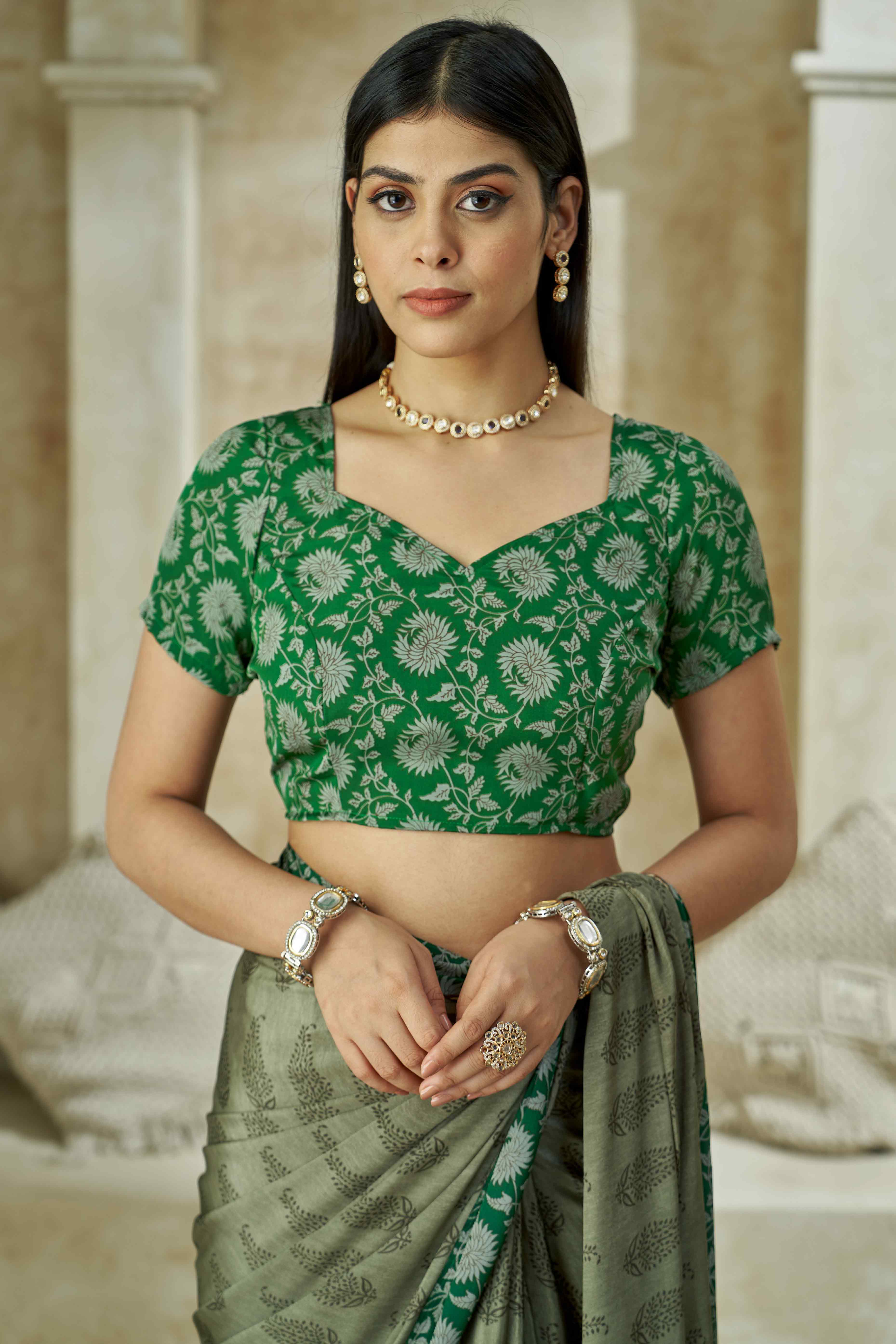 Green Crepe Silk Saree With Timeless Floral Print Detailing