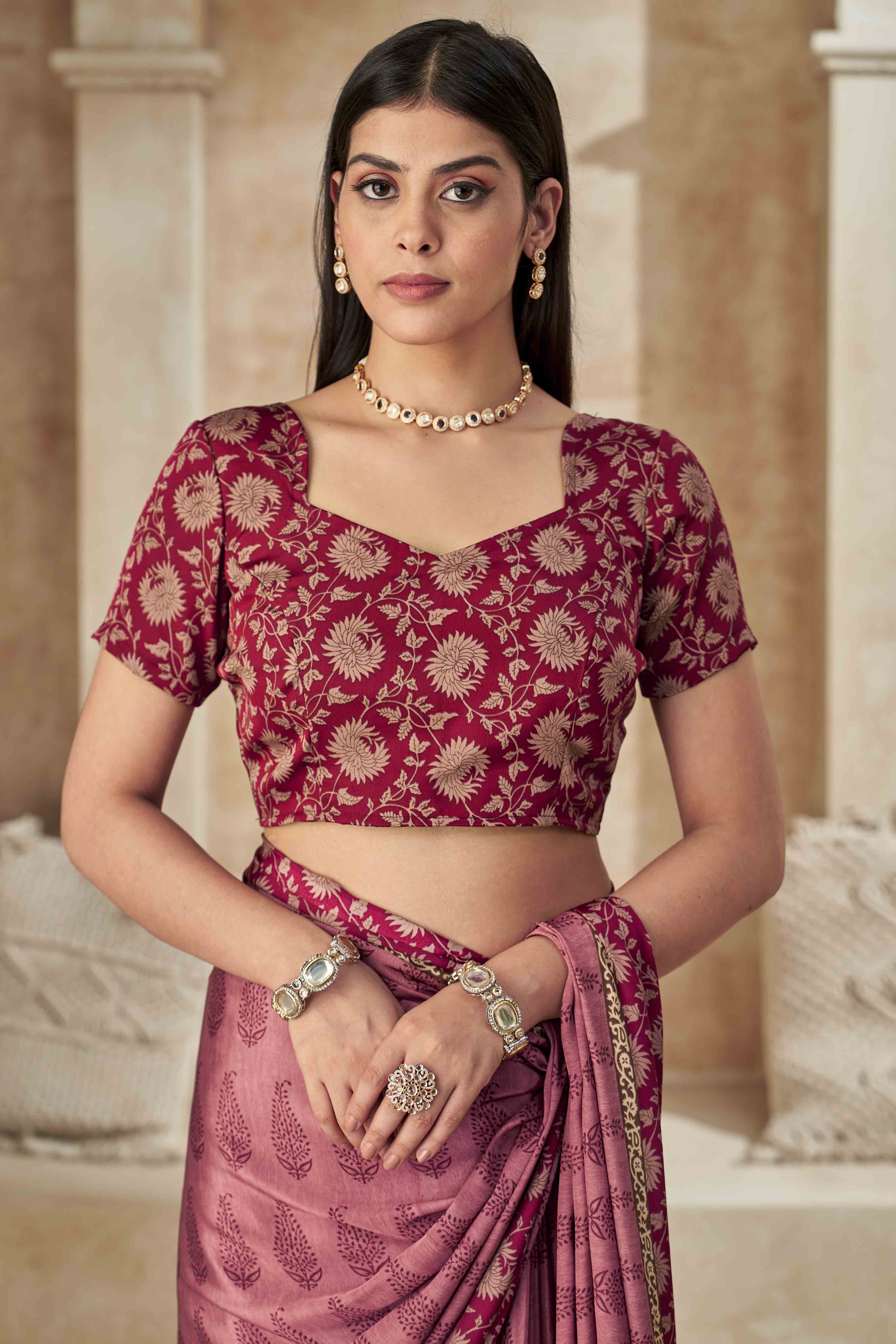 Toasted Mauve Crepe Silk Saree With Timeless Floral Print Detailing