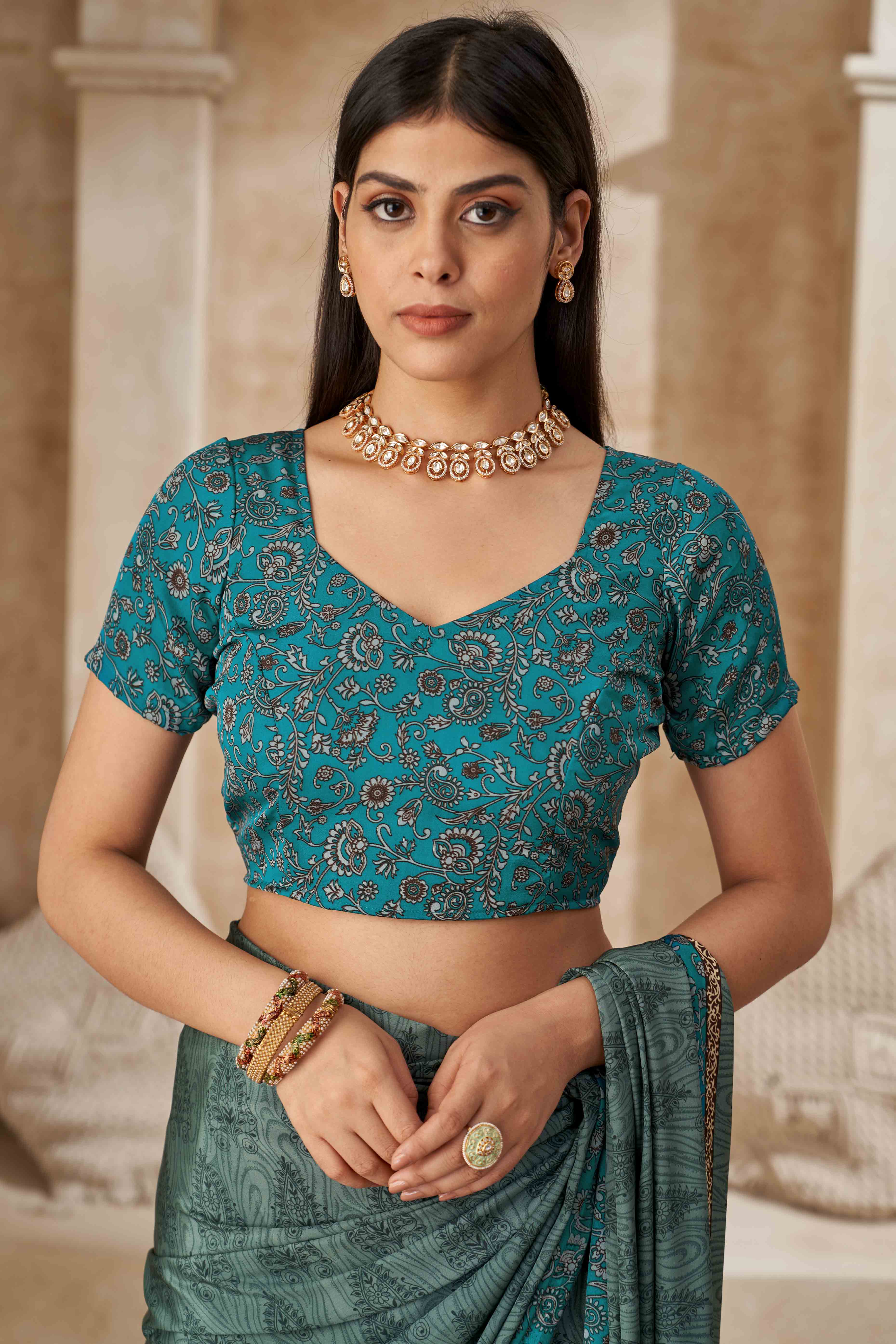 Sage Green & Teal Crepe Silk Saree With Timeless Floral Print Detailing