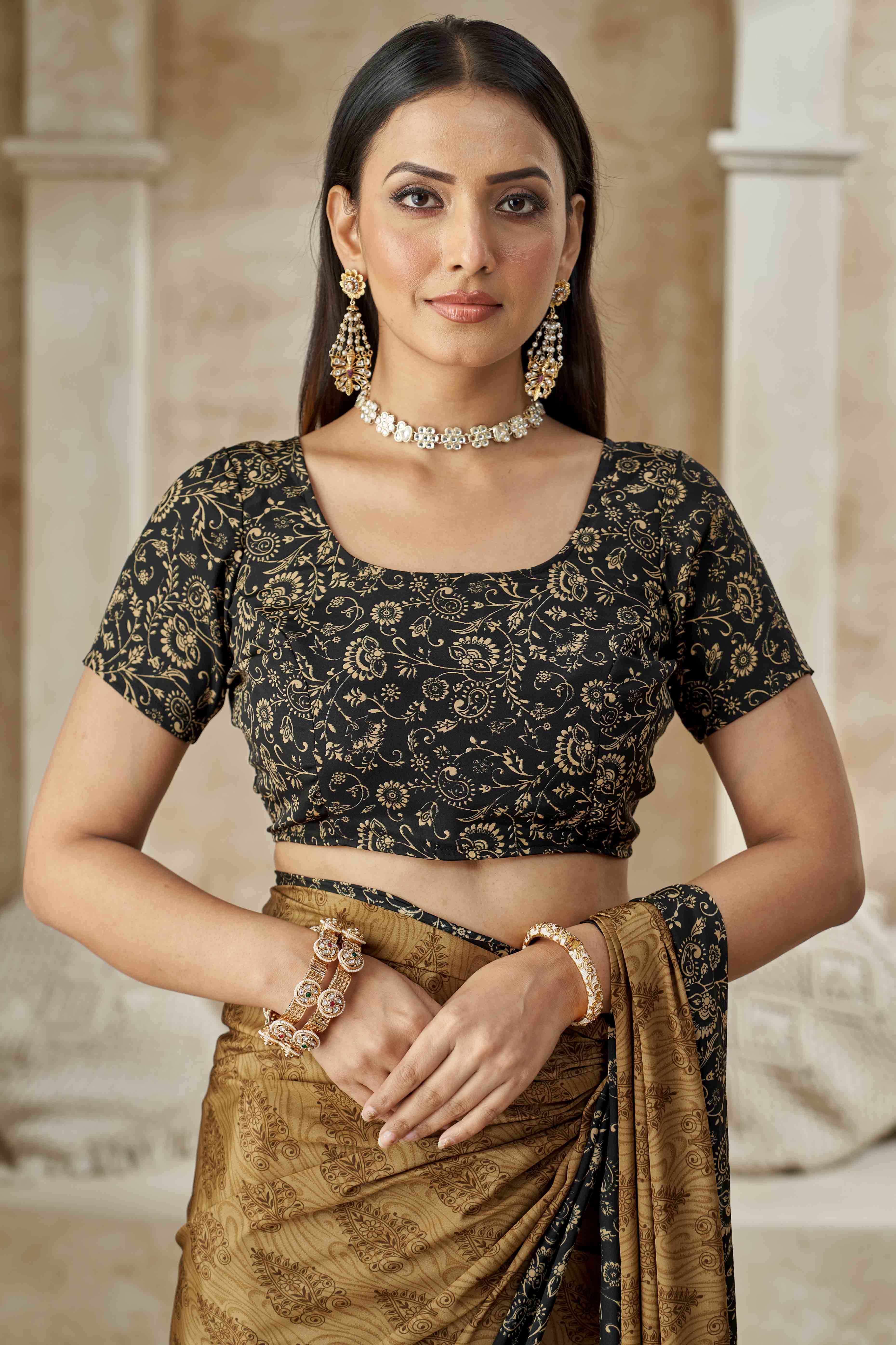 Chikoo Crepe Silk Saree With Timeless Floral Print Detailing