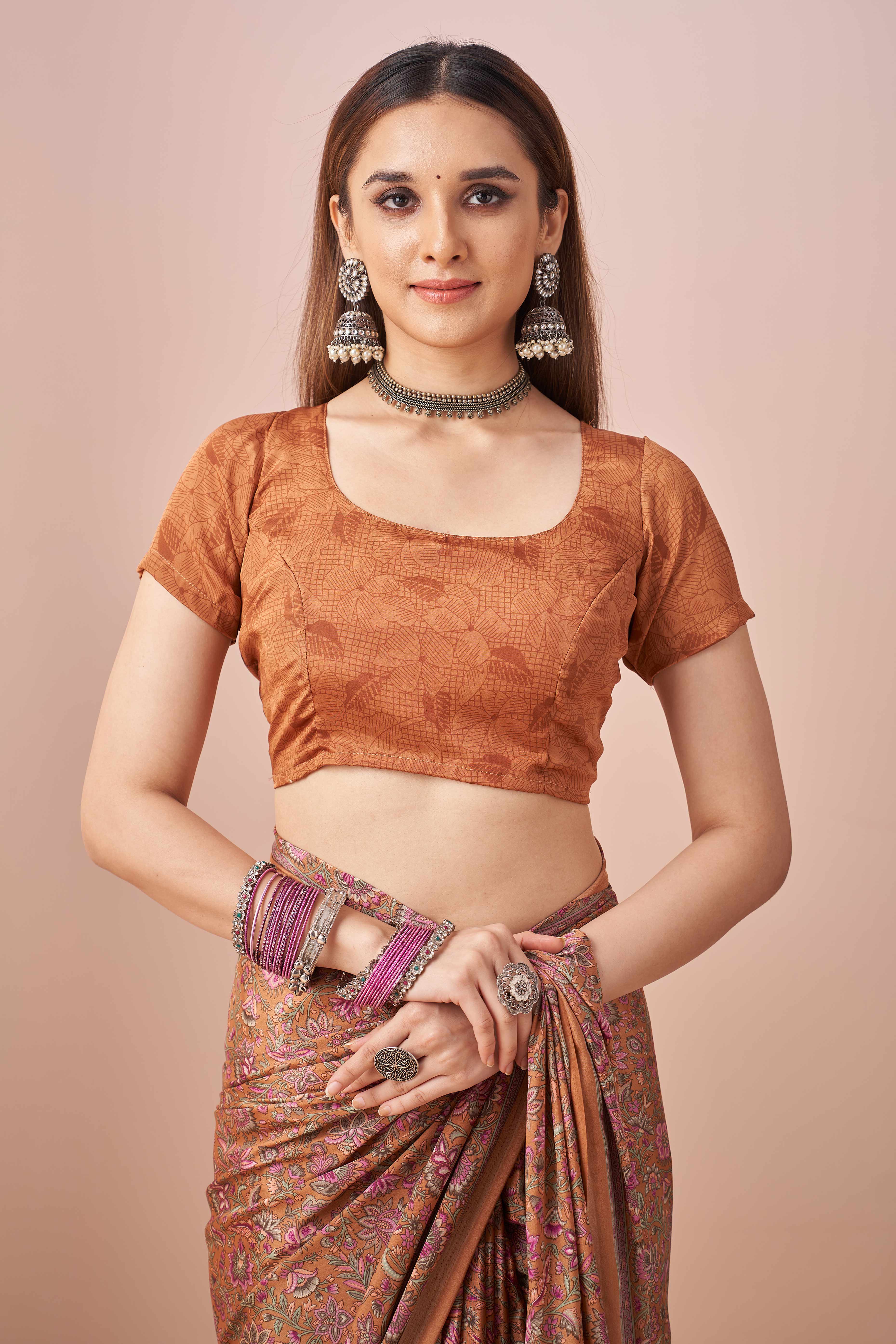 Brown Crepe Silk Saree Adorned With Artistic Floral Digital Print Work