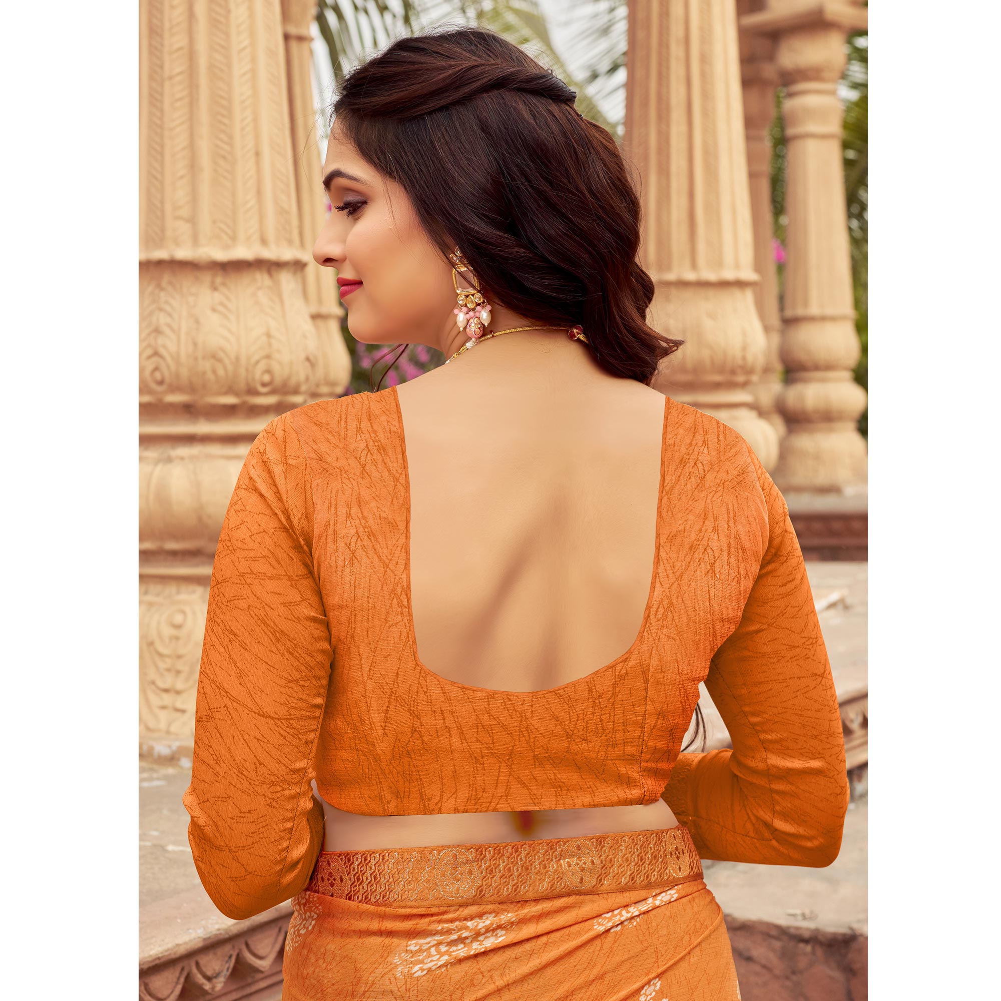 Orange Floral Printed Chiffon Saree