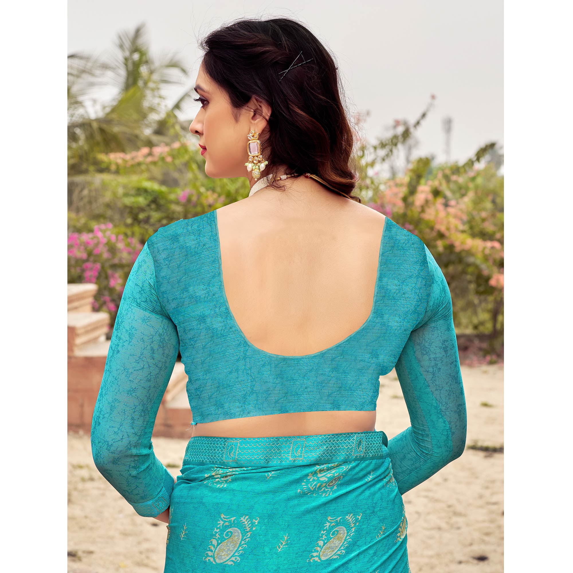 Sky Blue Floral Printed Chiffon Saree