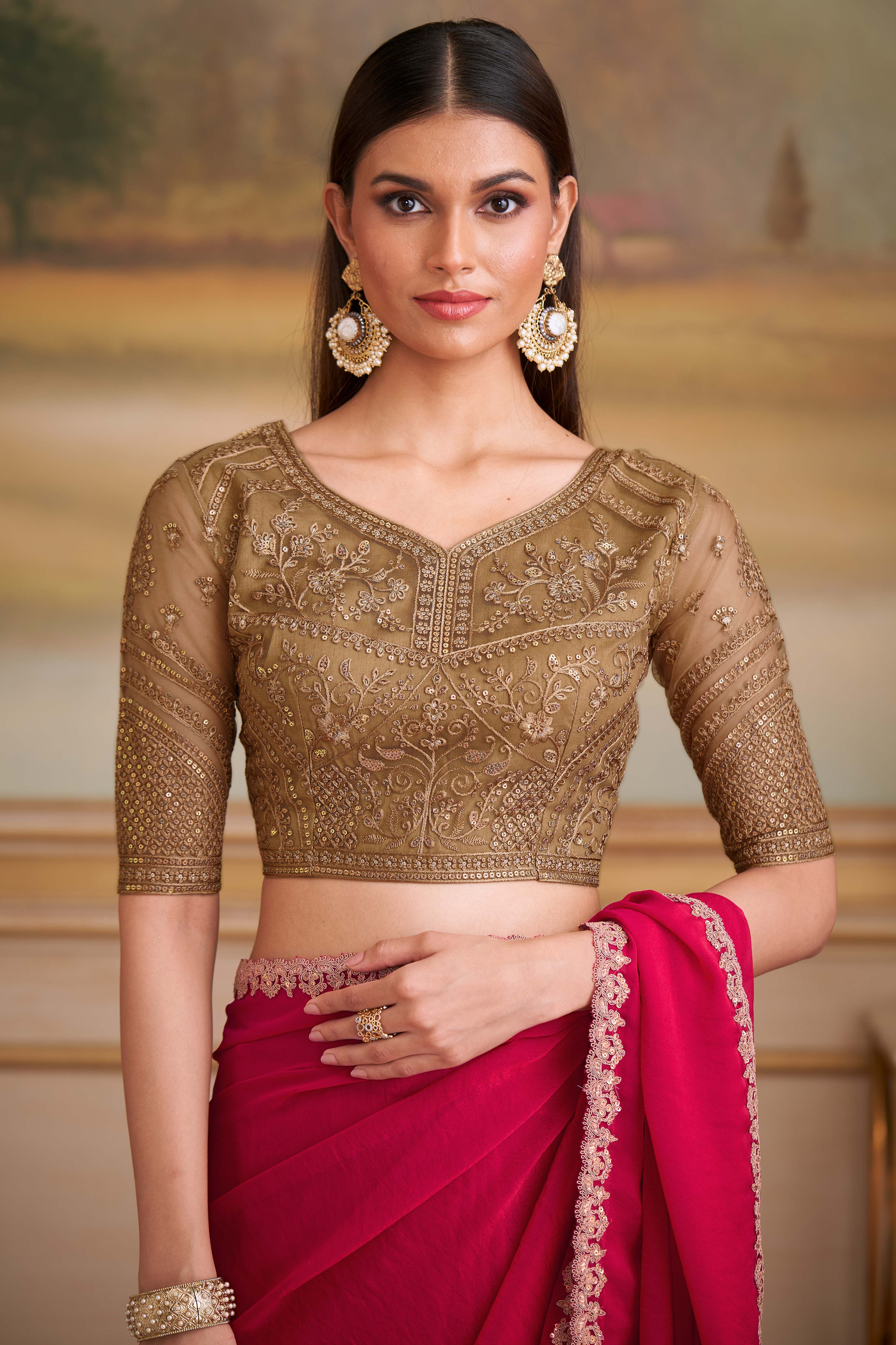 Radiant Cherry Red Shining Georgette Saree Adorned With Floral Sequins Embroidered Lace Border