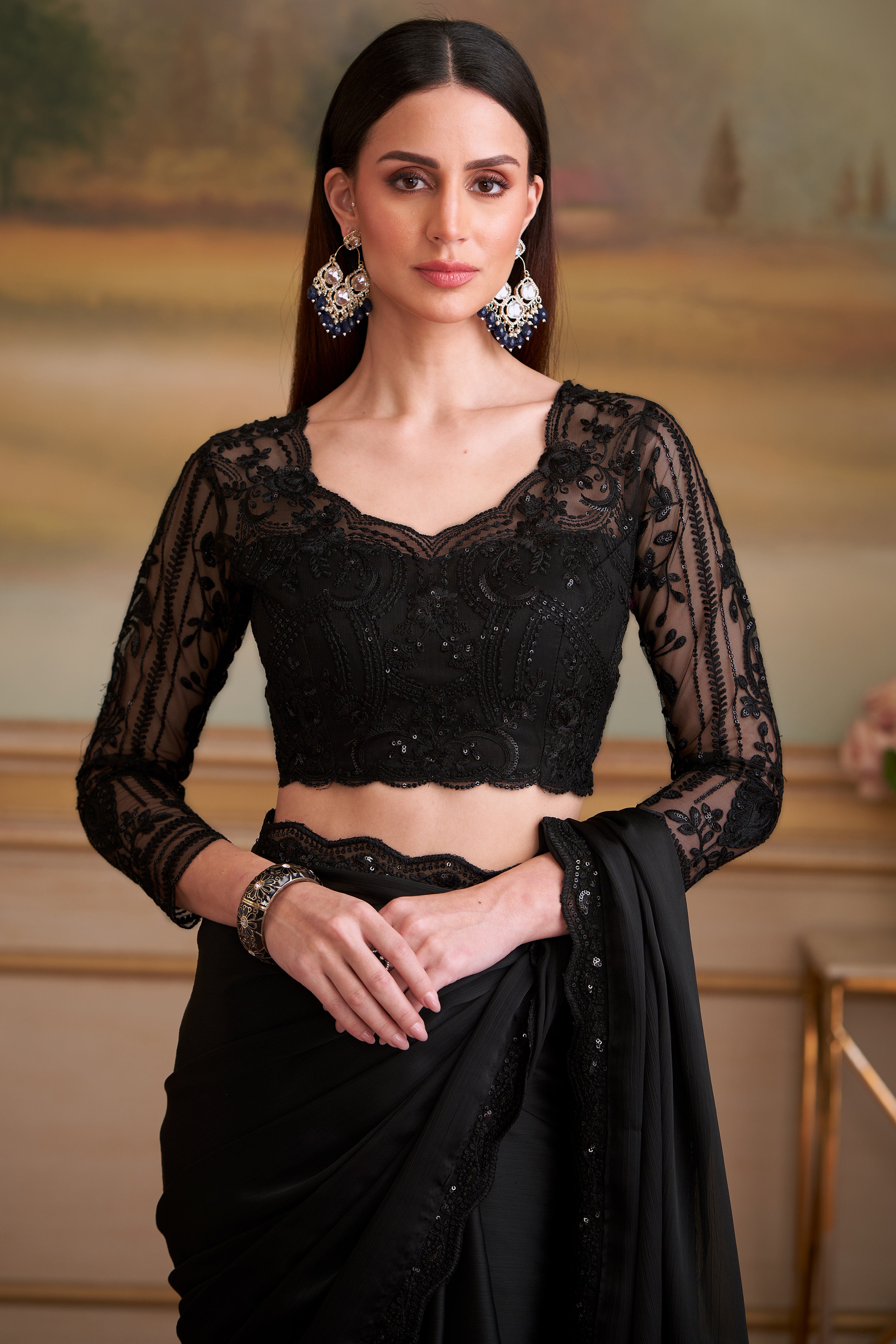 Opulent Jet Black Solid Satin Chiffon Saree With Exquisite Floral Sequins Embroidered Lace Border