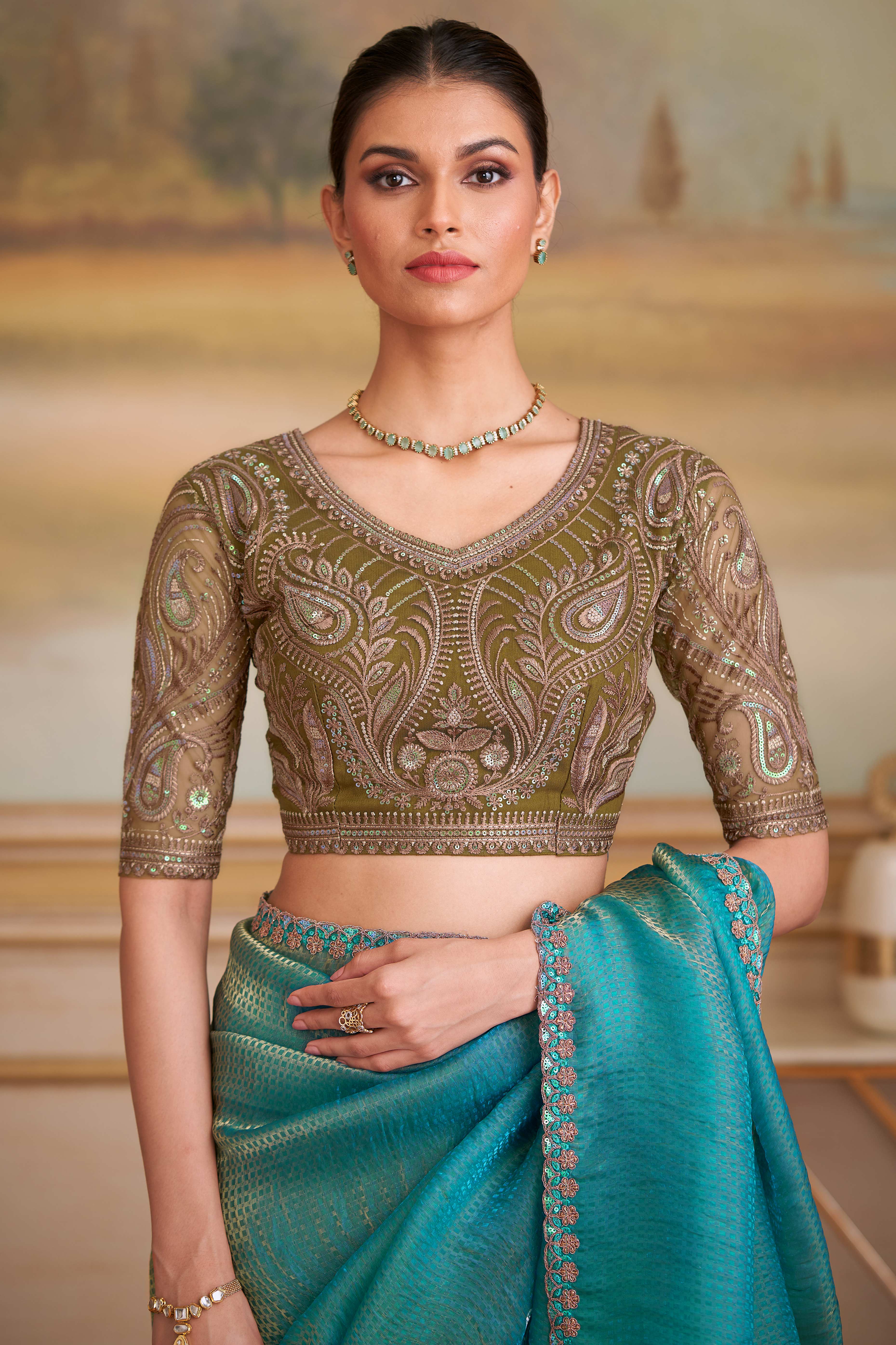 Charming Golden Blue Checked Georgette Saree Embellished With Floral Sequins Embroidered Lace Border