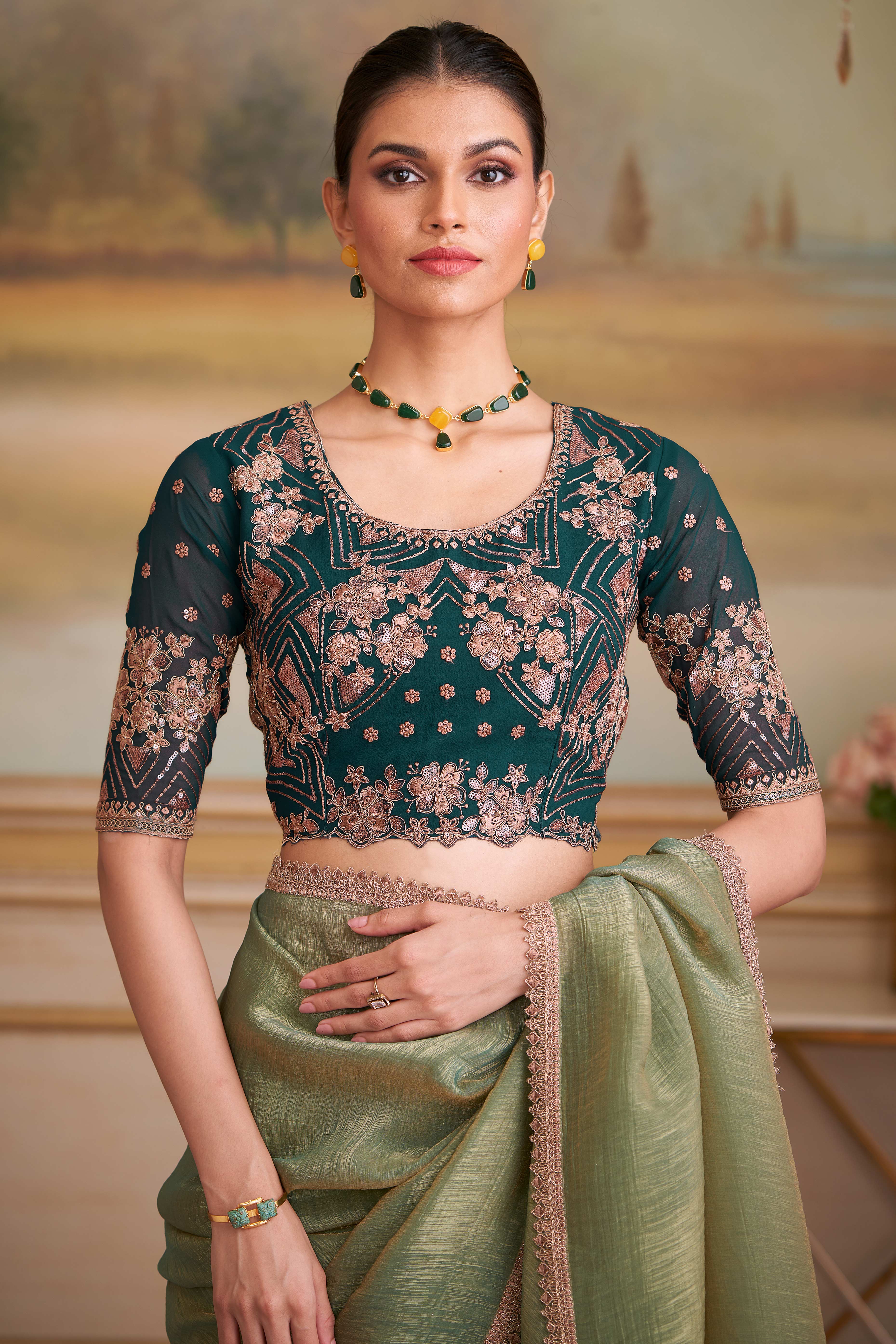 Captivating Pista Green Georgette Saree Beautified With Floral Sequins Embroidery Lace Border
