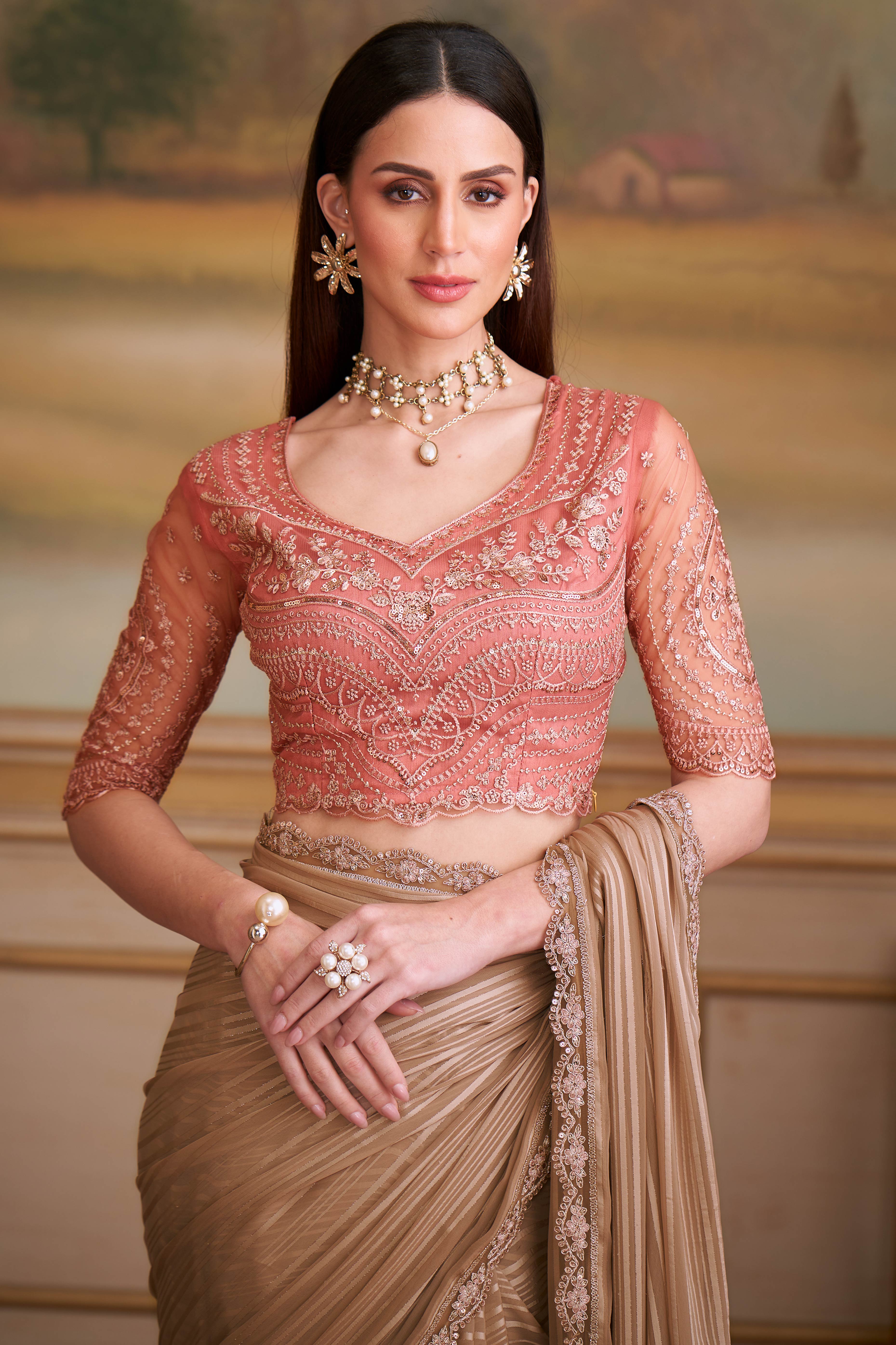 Timeless Chikoo Satin Stripe Pattern Georgette Saree With Floral Sequins Embroidery Lace Border