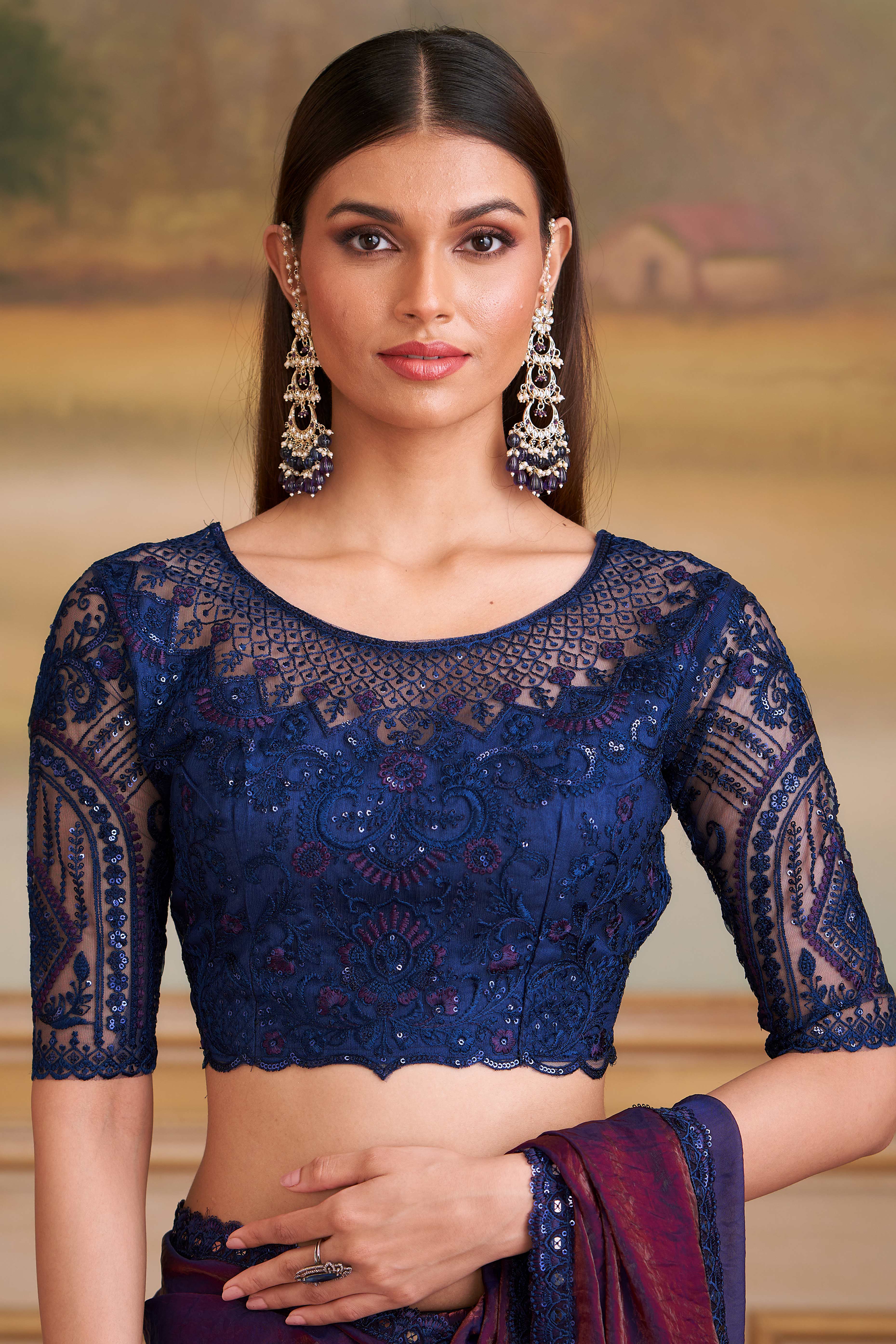 Opulent Wine Shade Twilight Georgette Saree Adorned With Floral Sequins Embroidered Lace Border