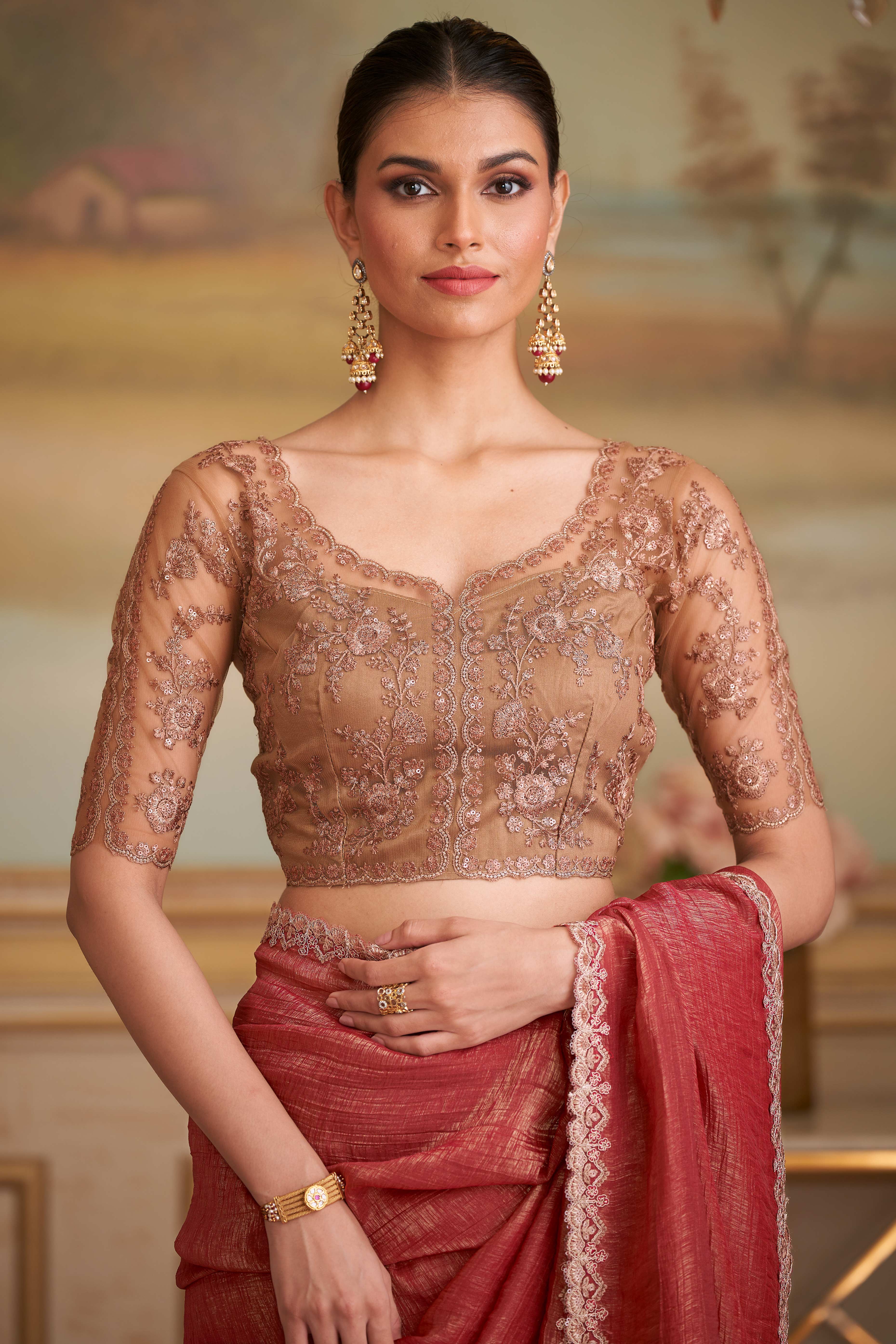 Graceful Brick Red Georgette Saree Adorned With Floral Sequins Embroidered Lace Border Work