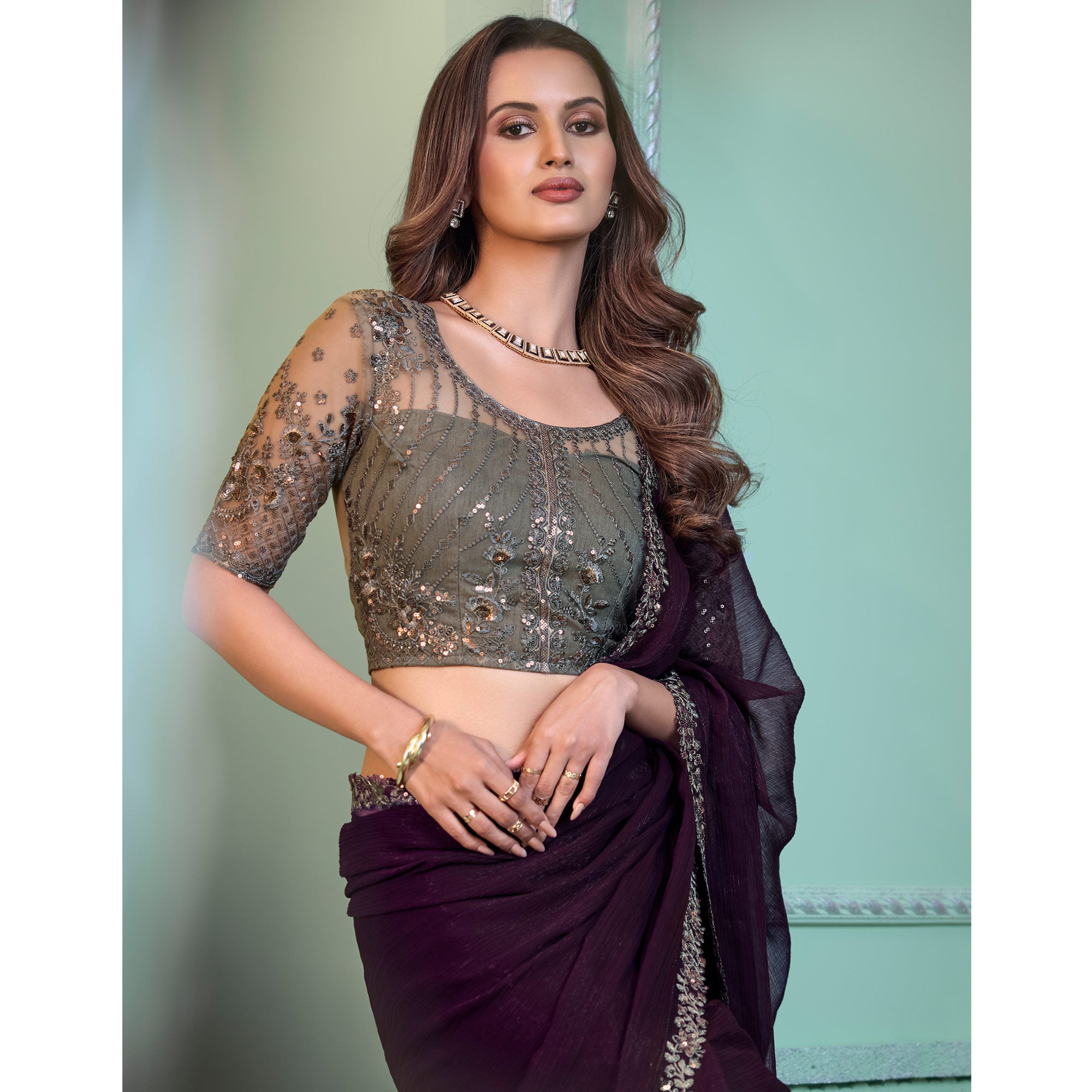 Wine Embroidered Chiffon Designer Saree