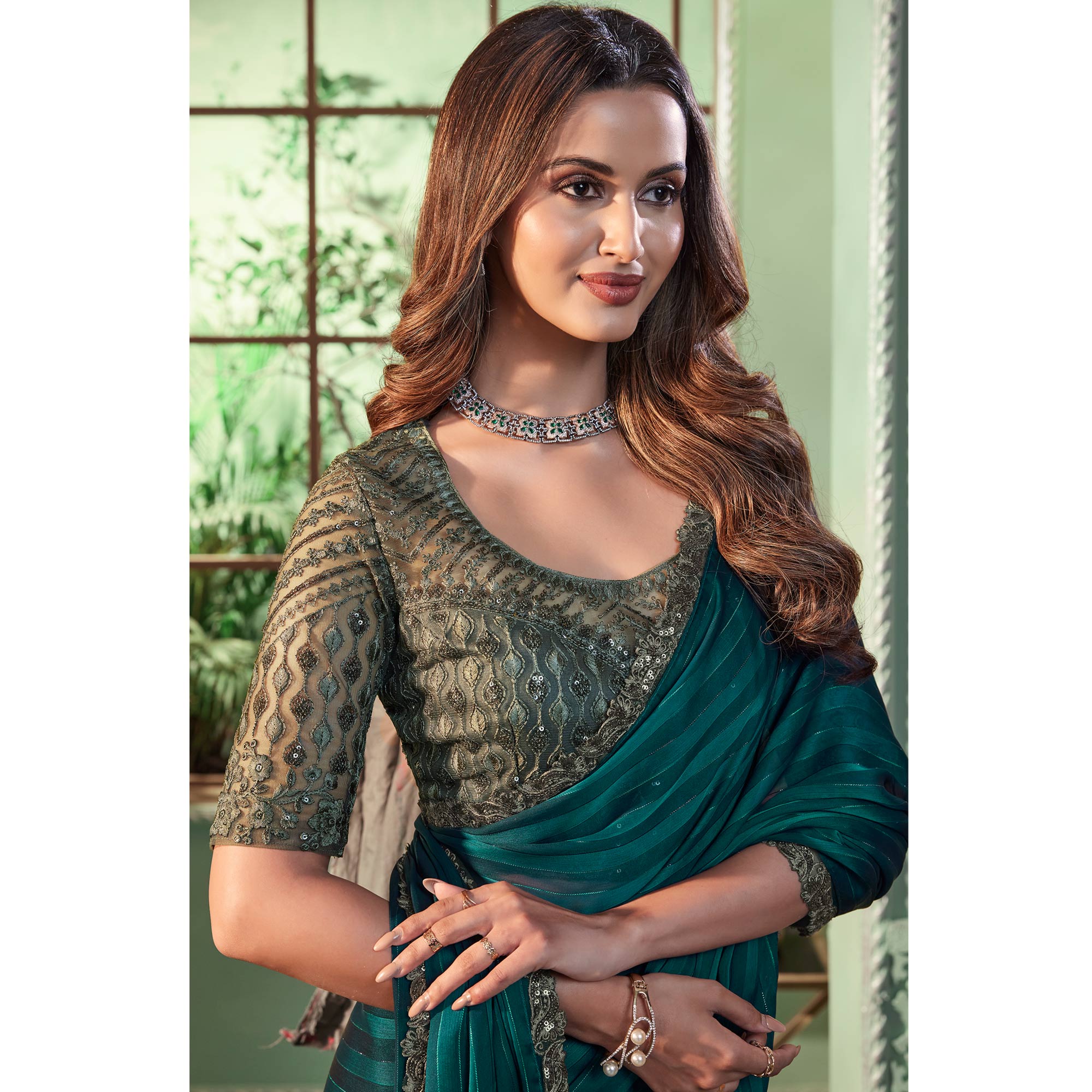 Teal Green Embroidered Georgette Designer Saree