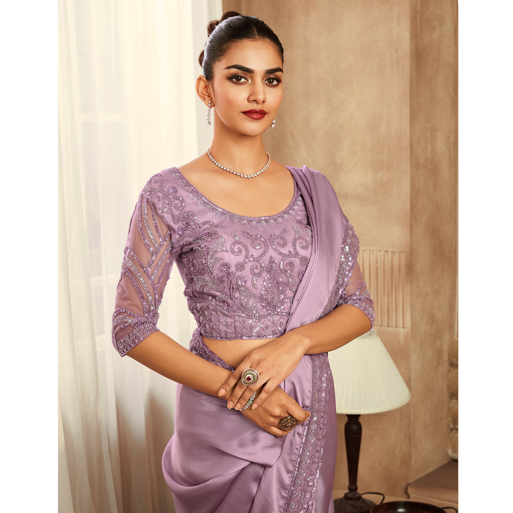 Pastel Purple Sequins Embroidered Satin Silk Saree