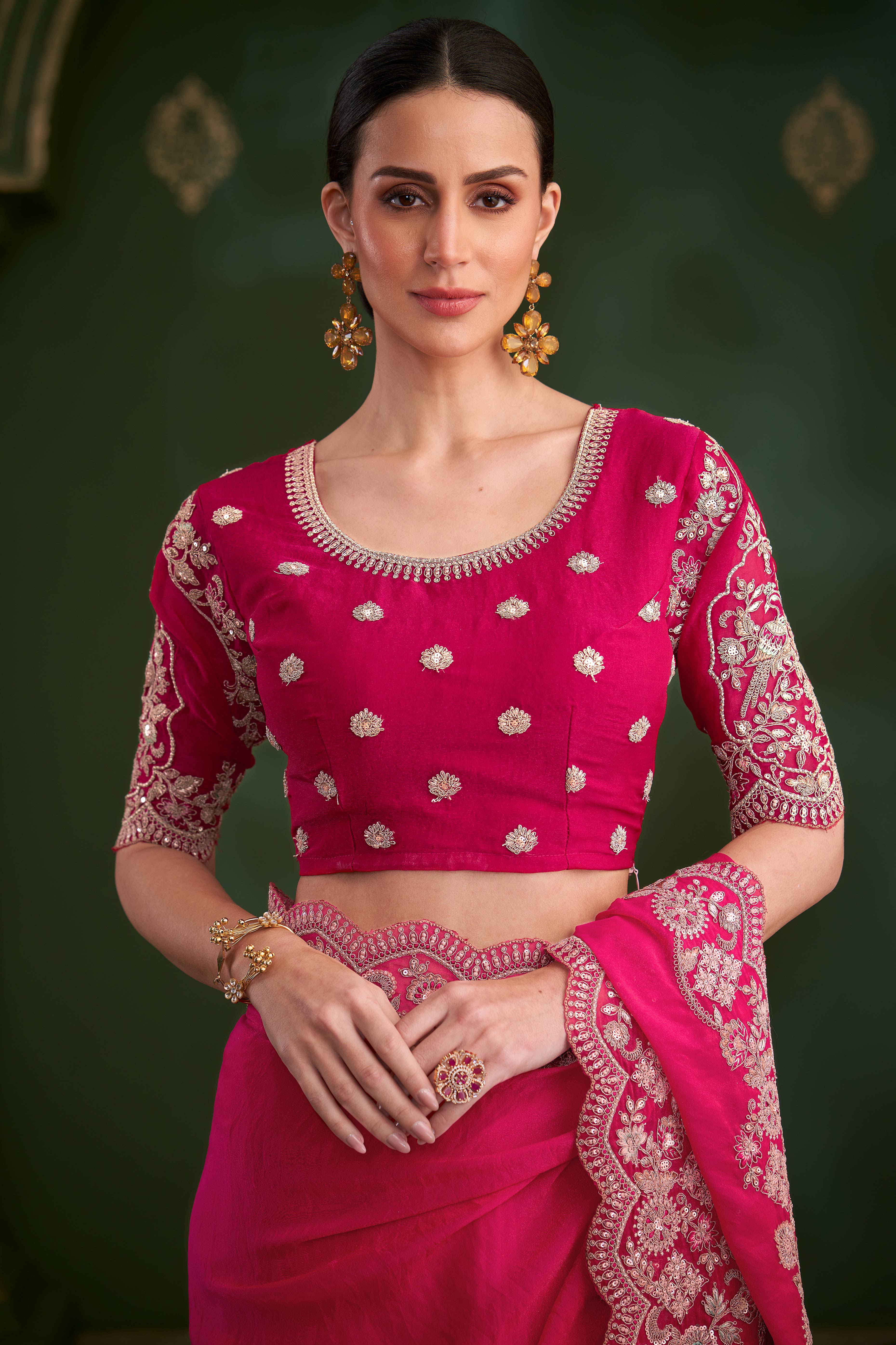 Elegant Pink Georgette Saree Adorned With Floral Cording Sequins Embroidery & Cutwork Border
