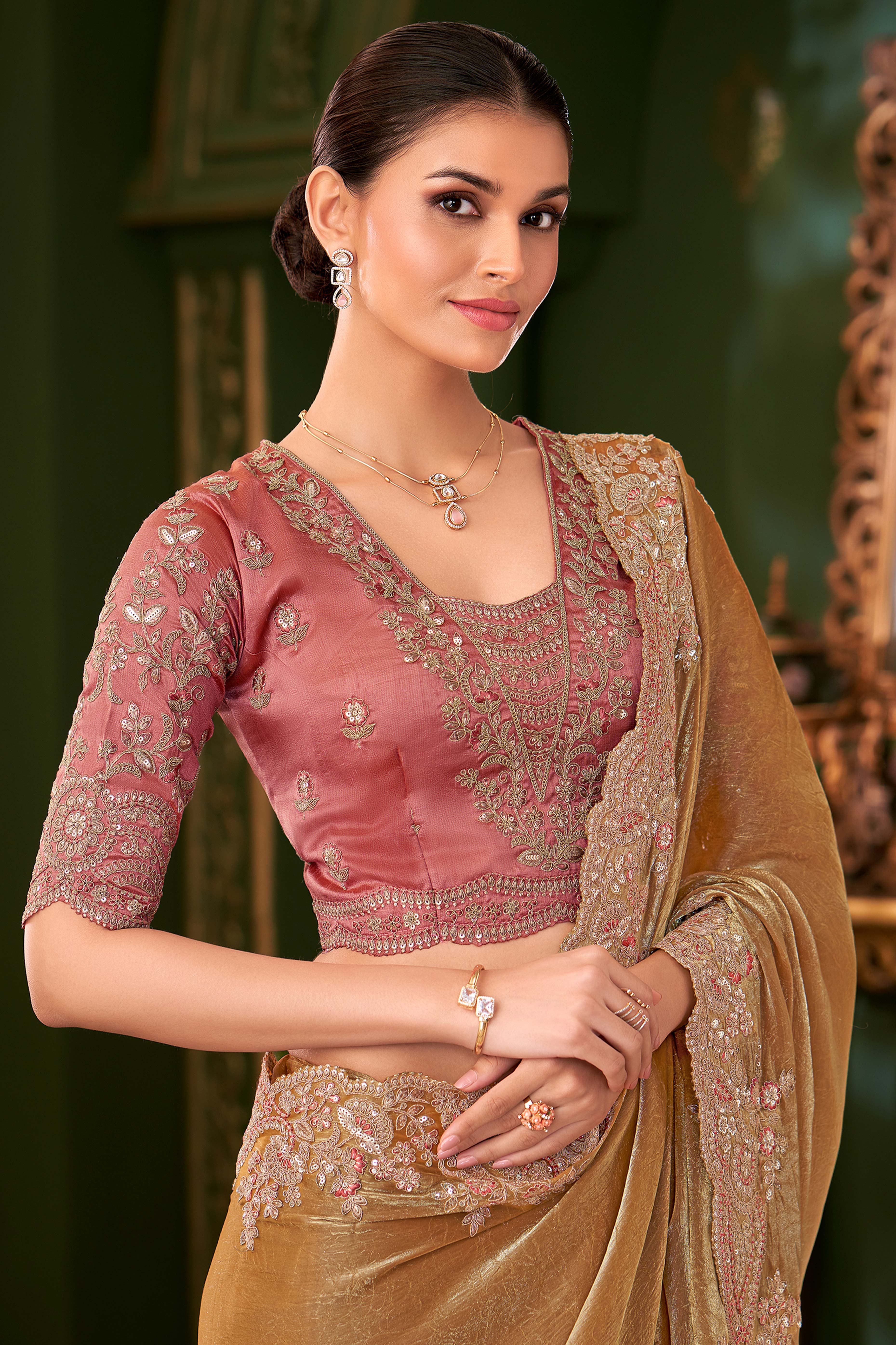 Designer Gold Georgette Saree Adorned With Floral Cording Sequins Embroidery & Cutwork Border