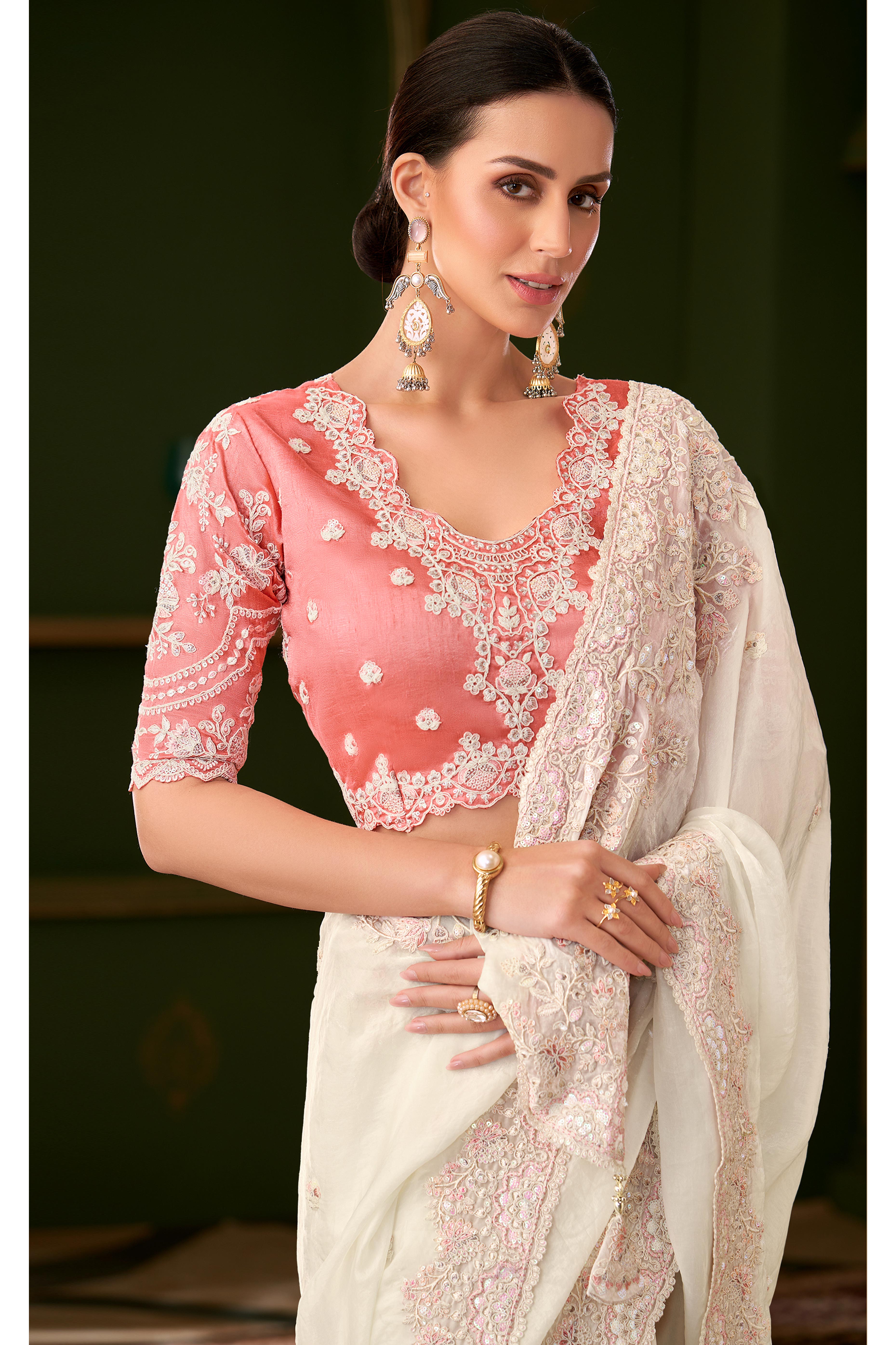 Radiant White Georgette Saree Adorned With Floral Cording Sequins Embroidery & Cutwork Border