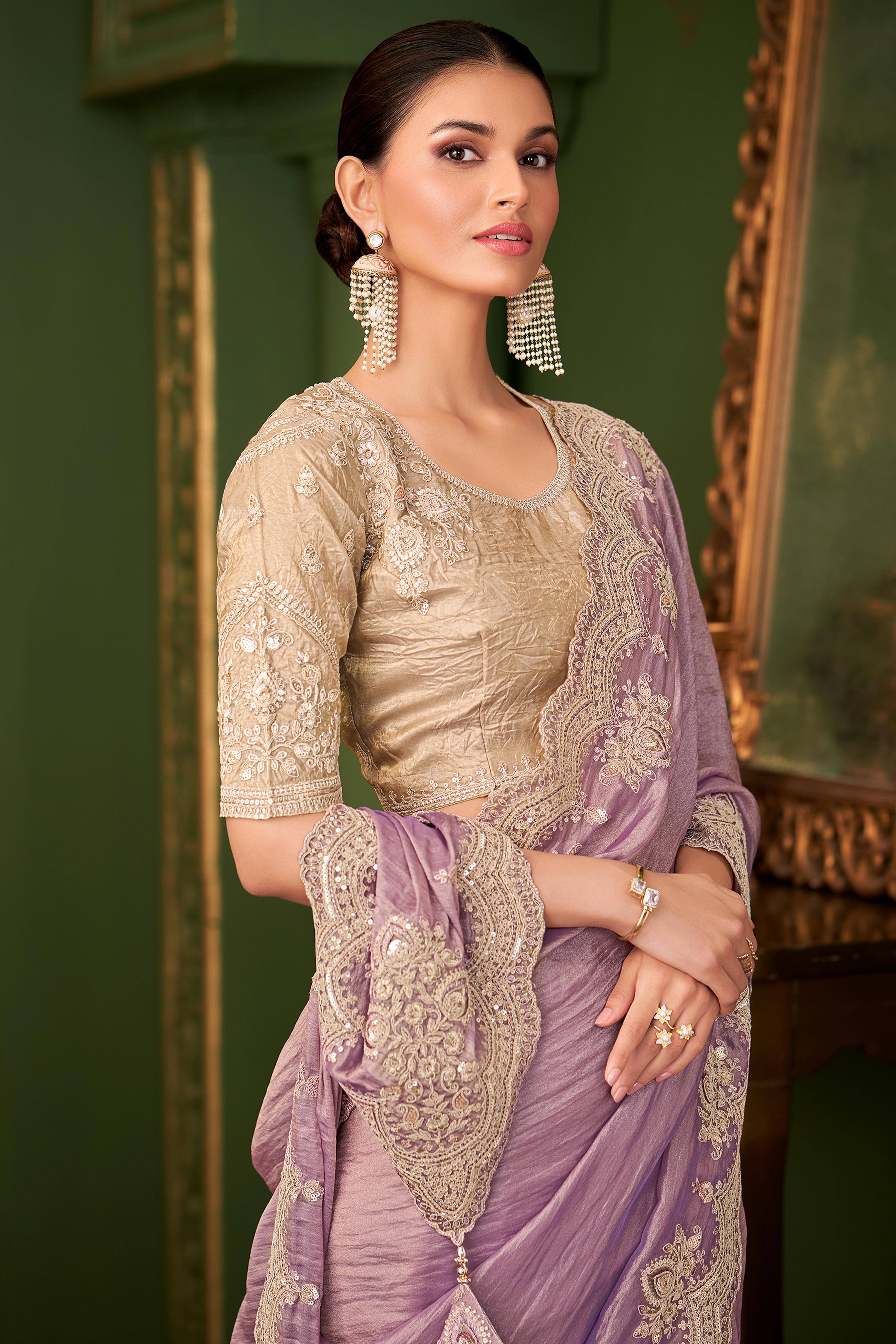 Graceful Lavender Georgette Saree Adorned With Floral Cording Sequins Embroidery & Cutwork Border