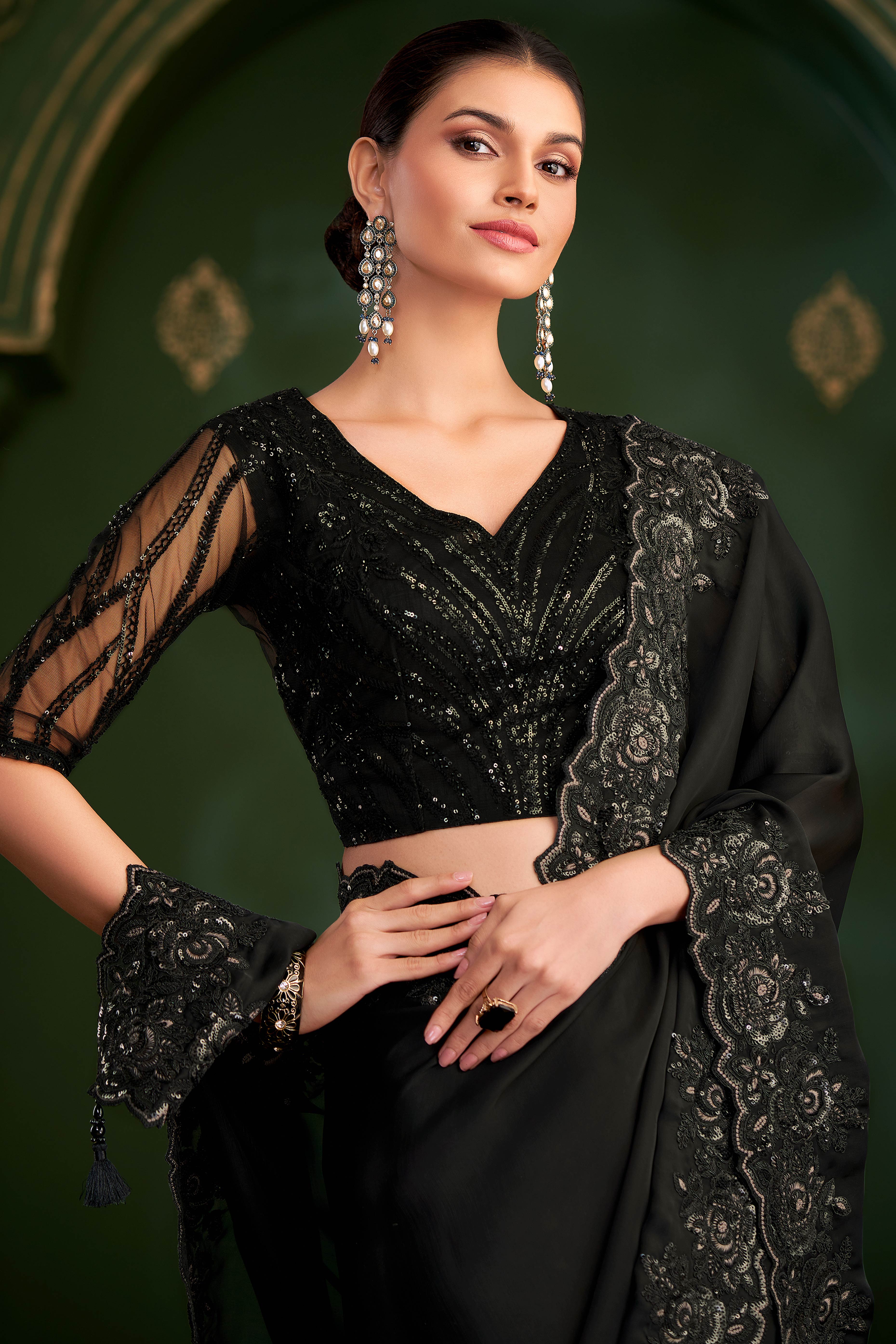 Mesmerizing Black Georgette Saree Adorned With Floral Cording Sequins Embroidery & Cutwork Border