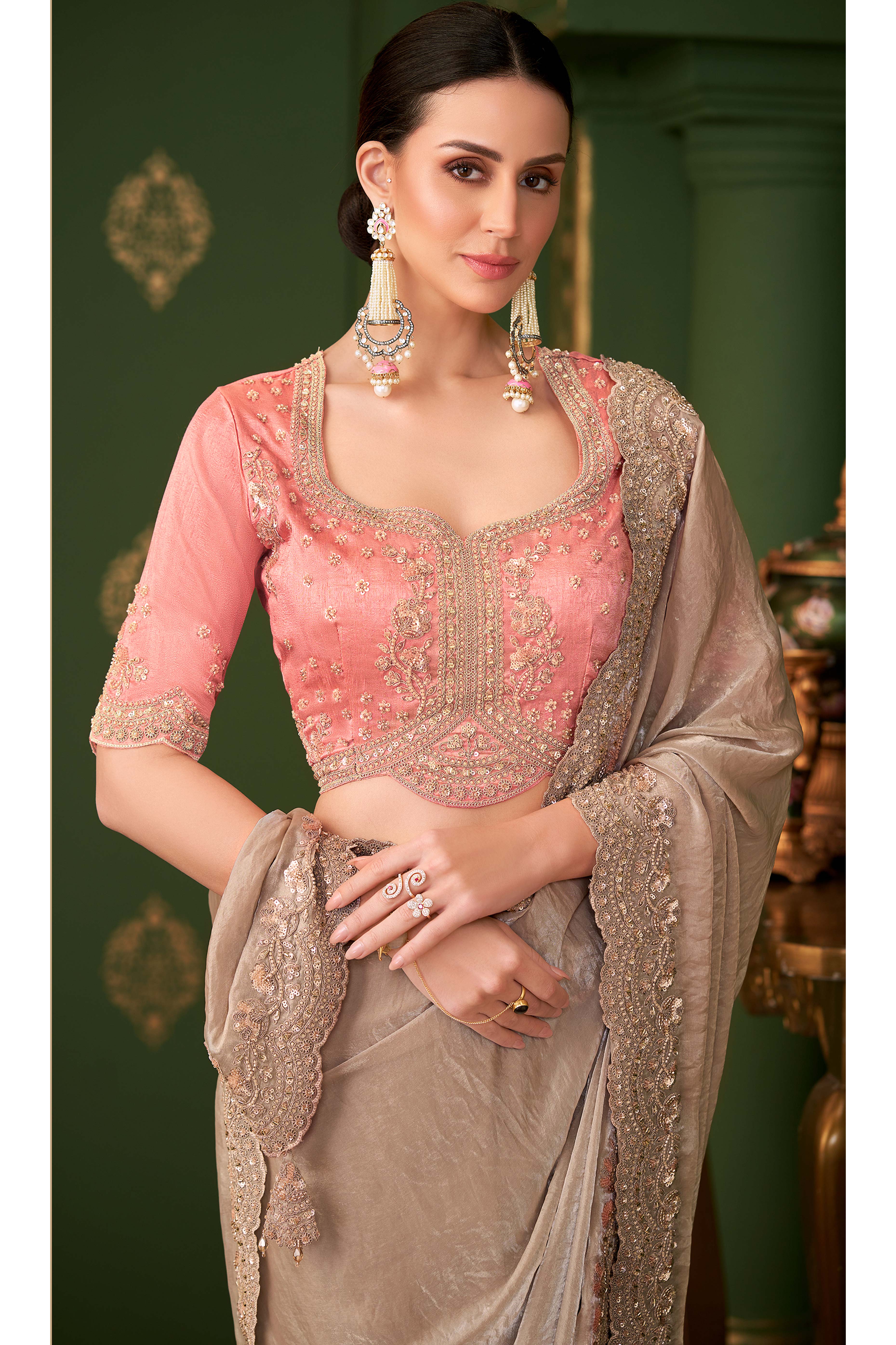 Elegant Chikoo Georgette Saree Adorned With Floral Cording Sequins Embroidery & Cutwork Border