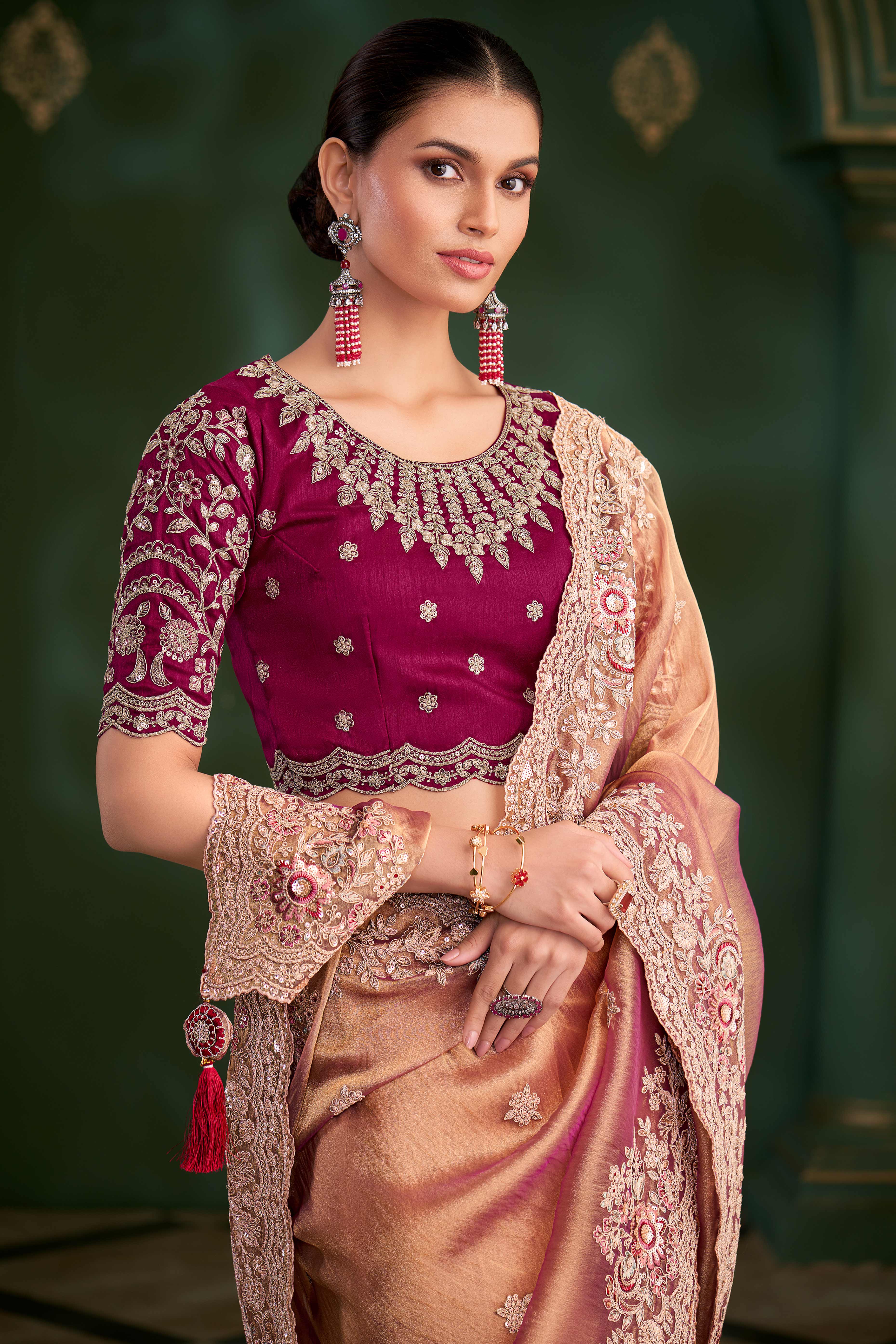 Graceful Peach Georgette Saree Adorned With Floral Cording Sequins Embroidery & Cutwork Border