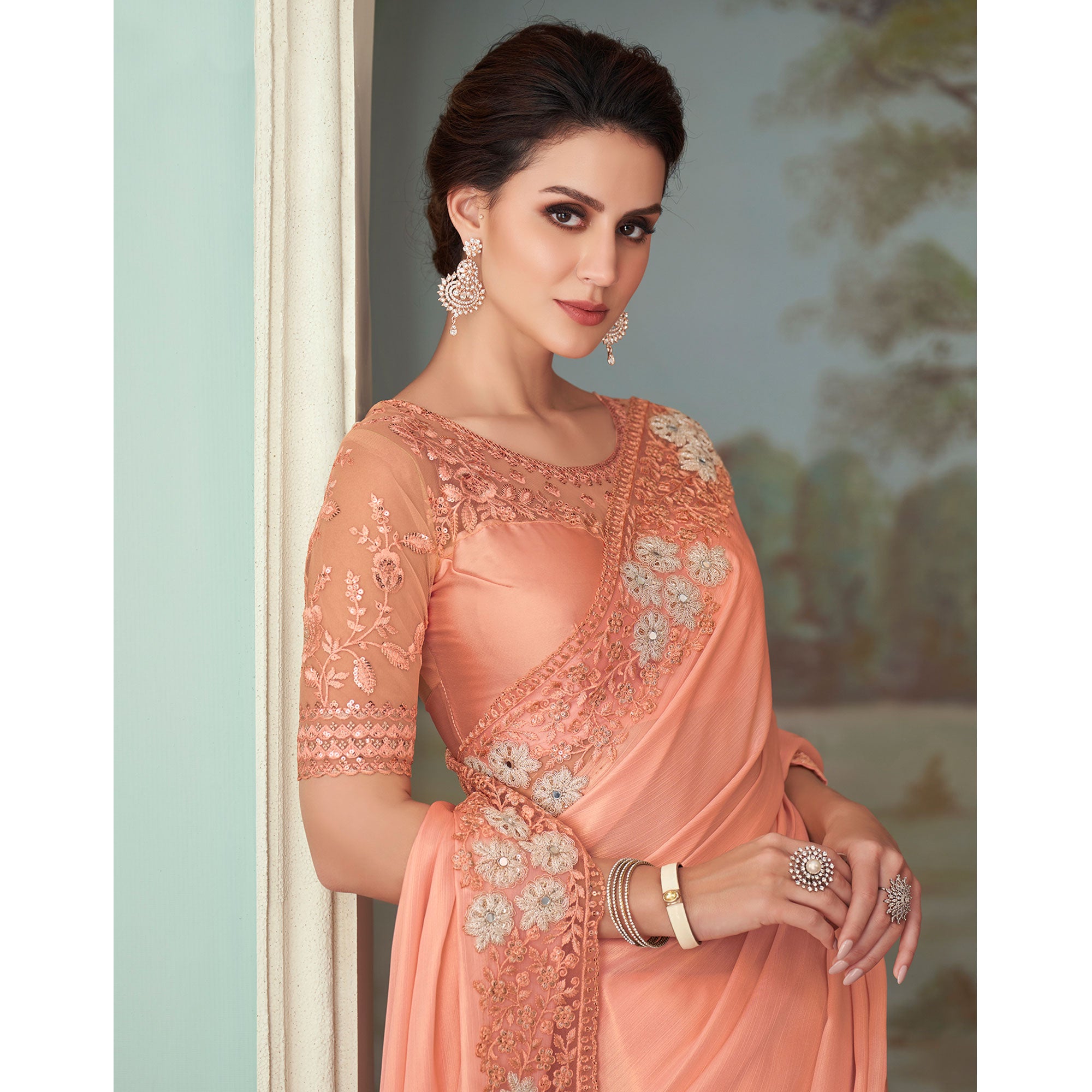 Peach Sequins Embroidered Satin Saree