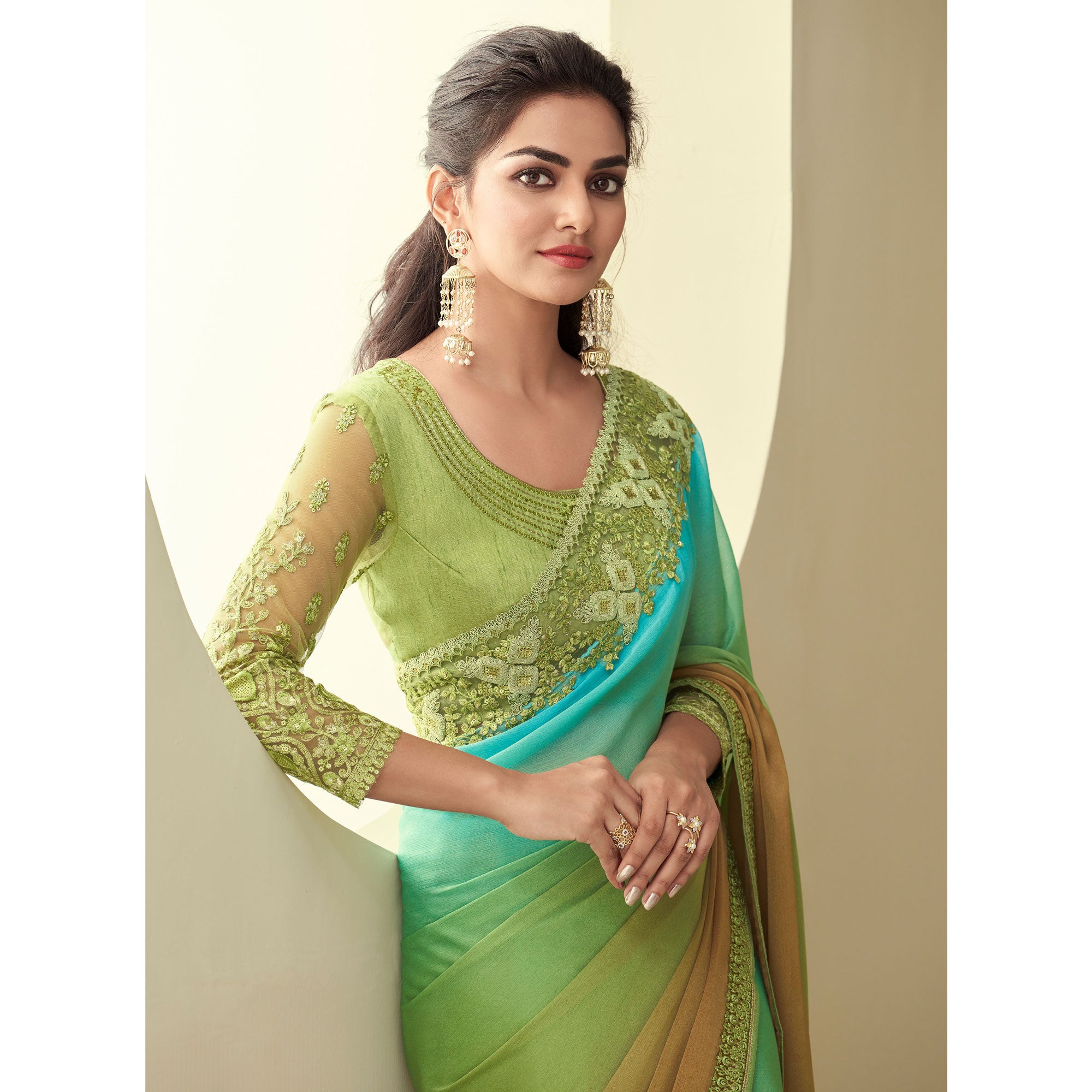 Pista Green Sequins Embroidered Georgette Saree