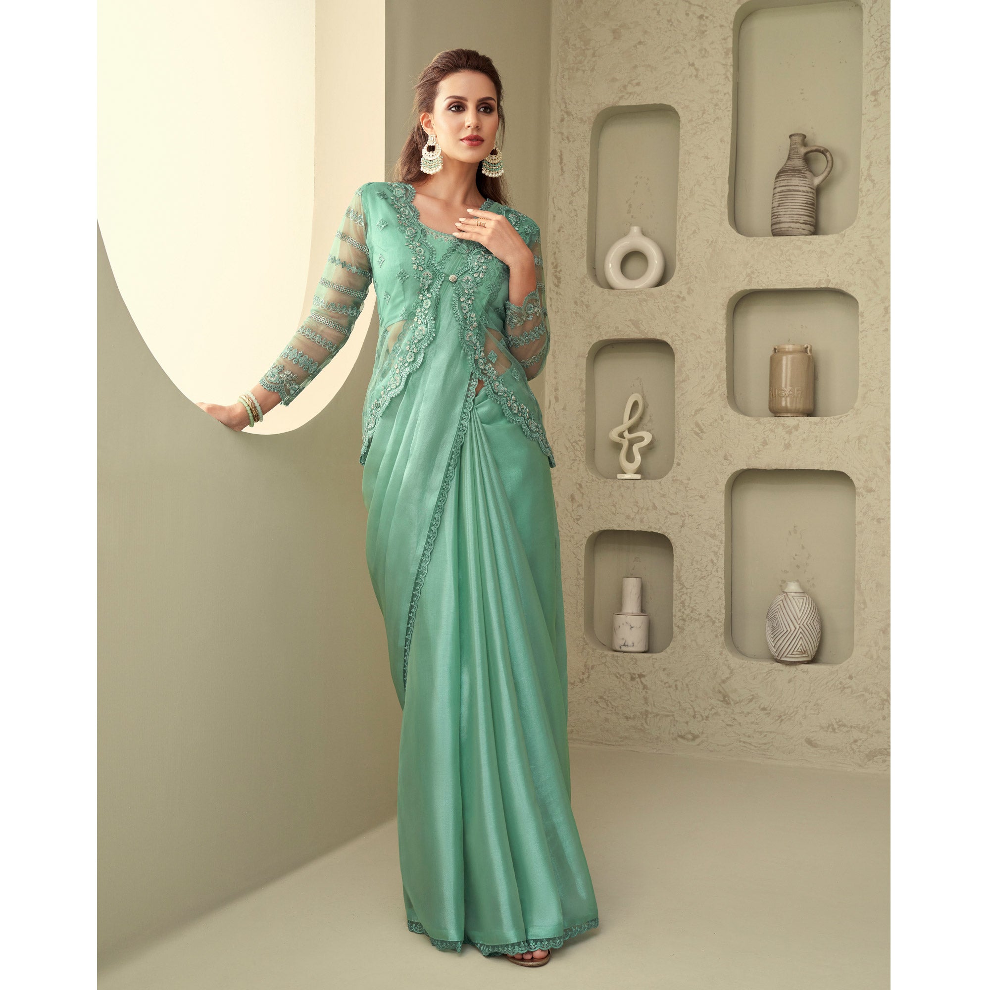 Sea Green Sequins Embroidered Georgette Saree