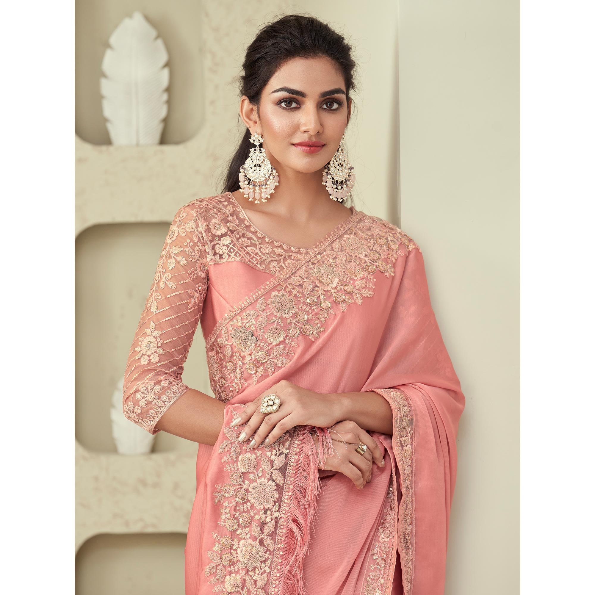 Peach Sequins Embroidered Georgette Saree