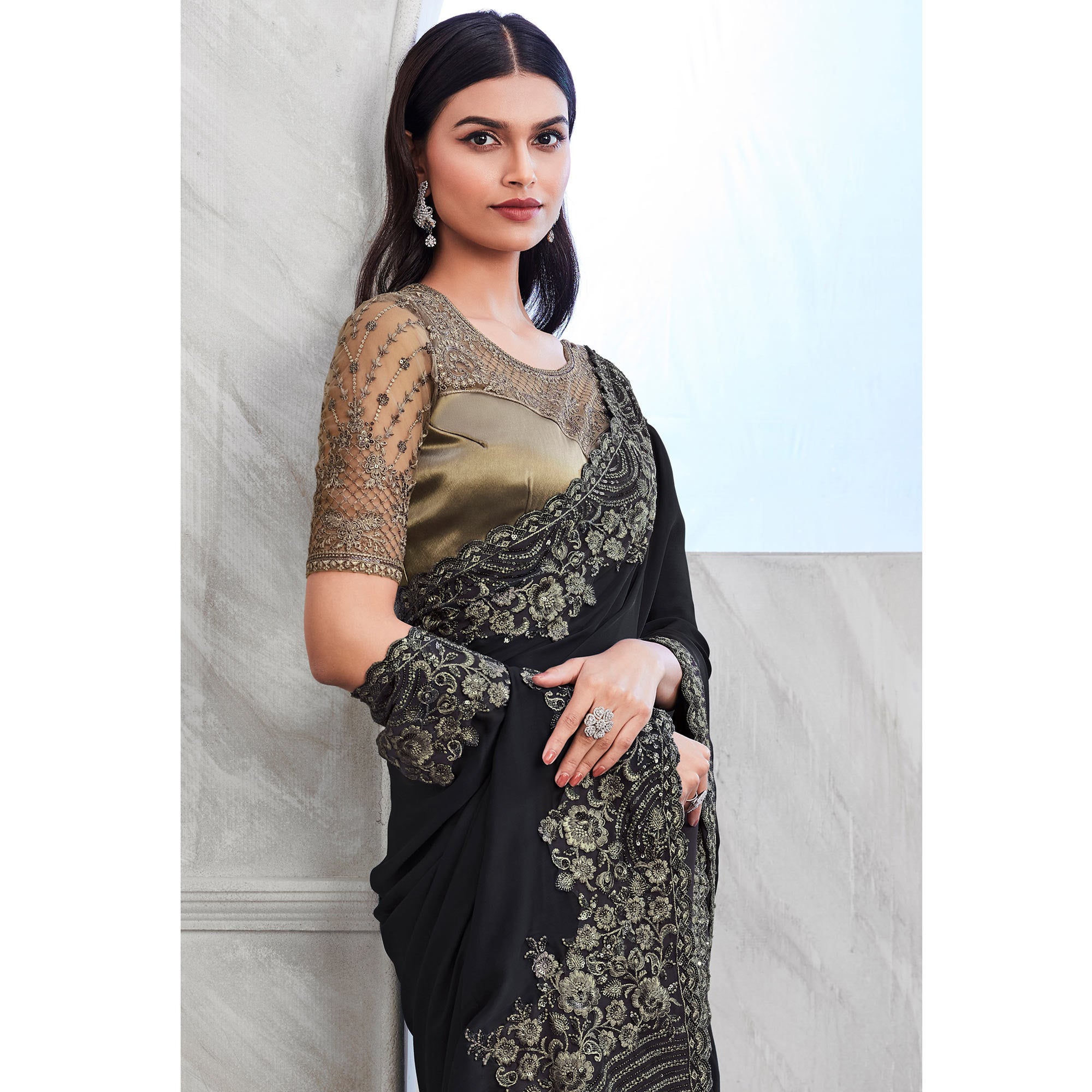 Black Floral Sequins Embroidered Georgette Saree