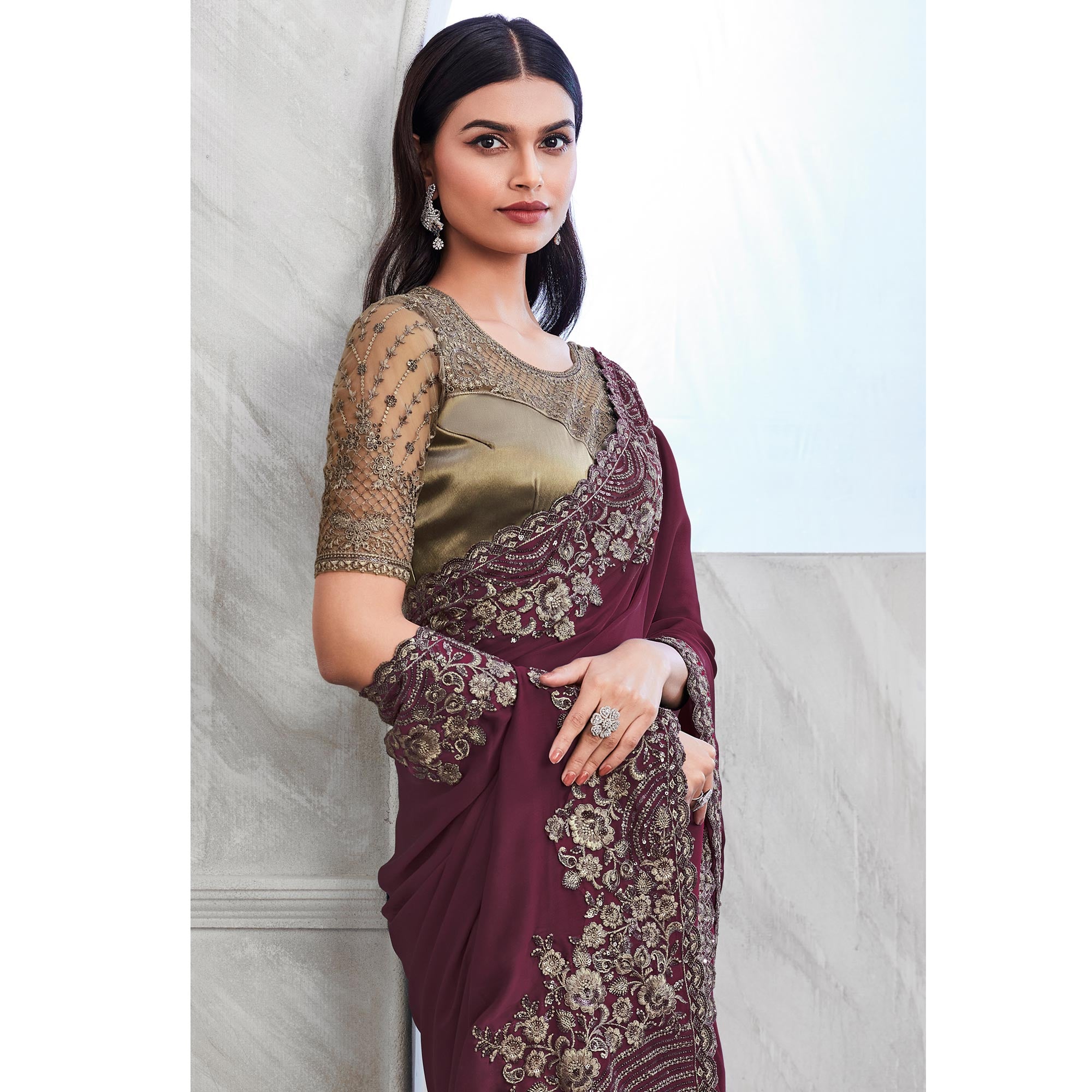 Wine Floral Sequins Embroidered Georgette Saree