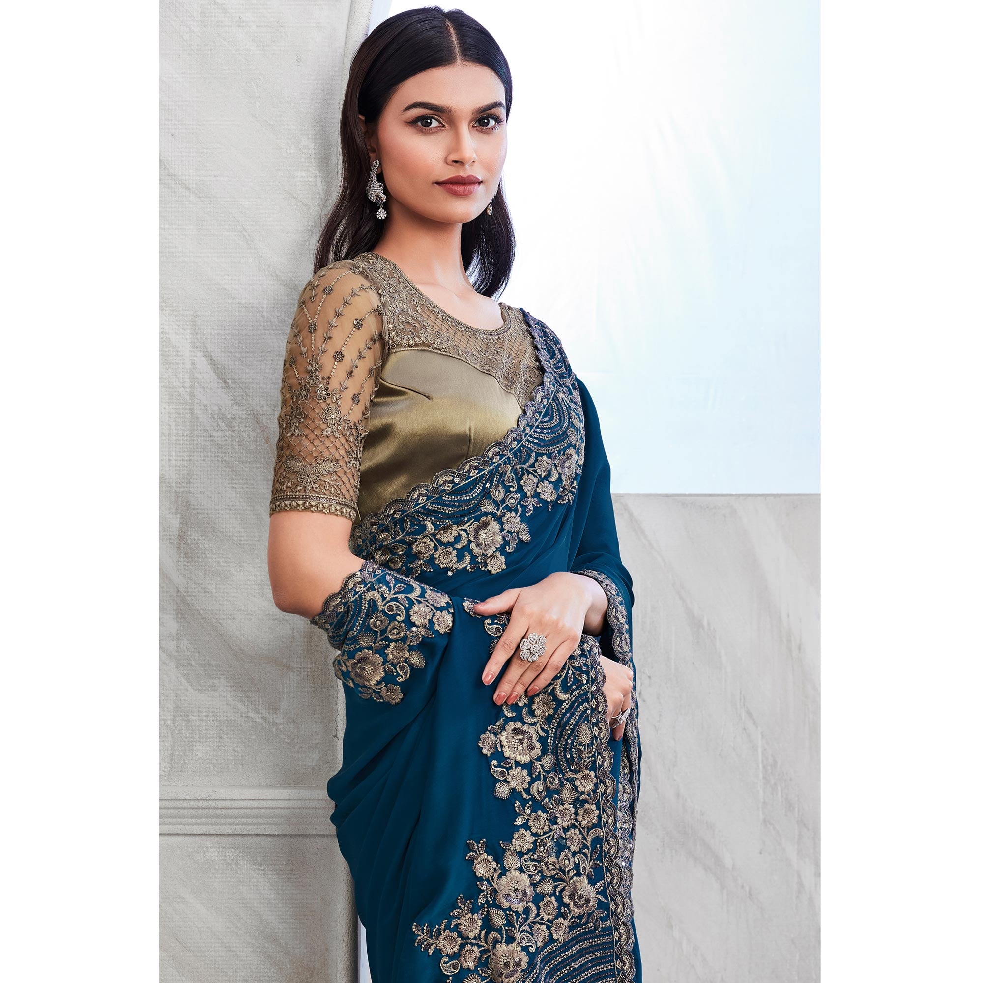 Blue Floral Sequins Embroidered Georgette Saree