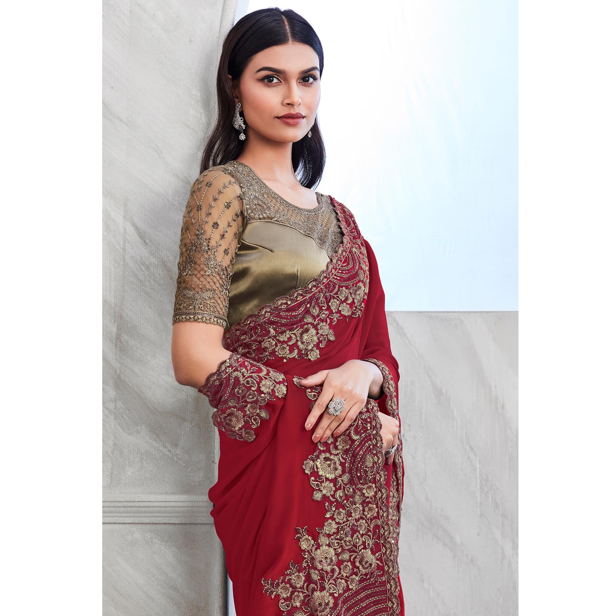 Maroon Floral Sequins Embroidered Georgette Saree