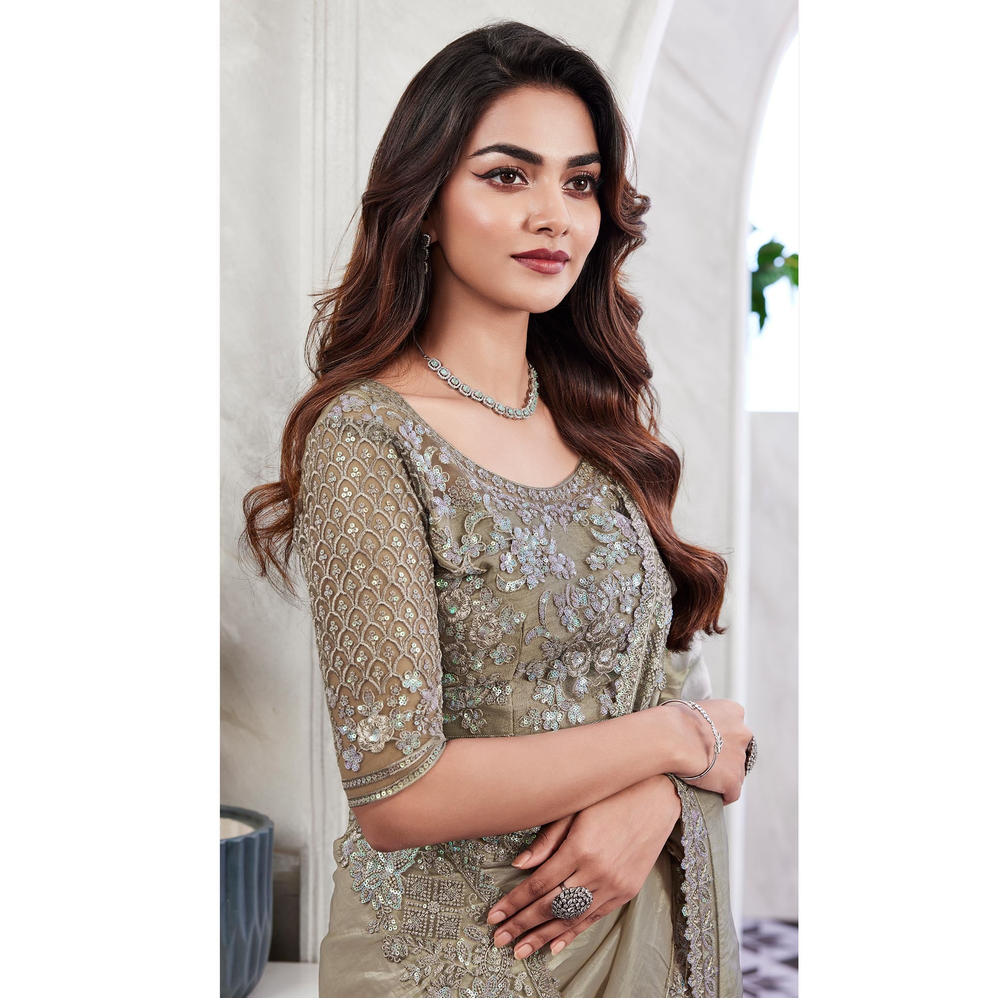 Beige Floral Sequins Embroidered Georgette Saree