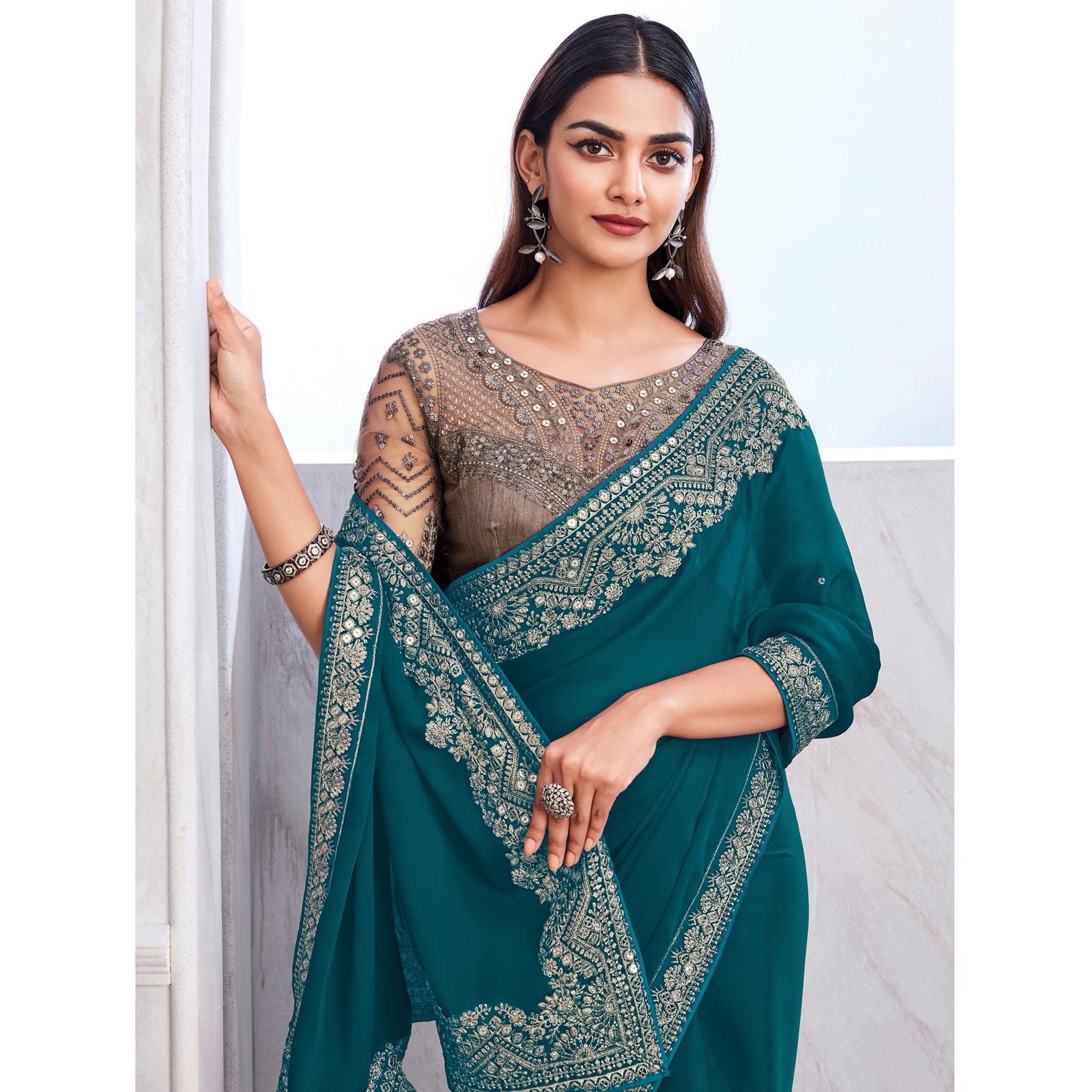 Teal Floral Sequins Embroidered Satin Saree