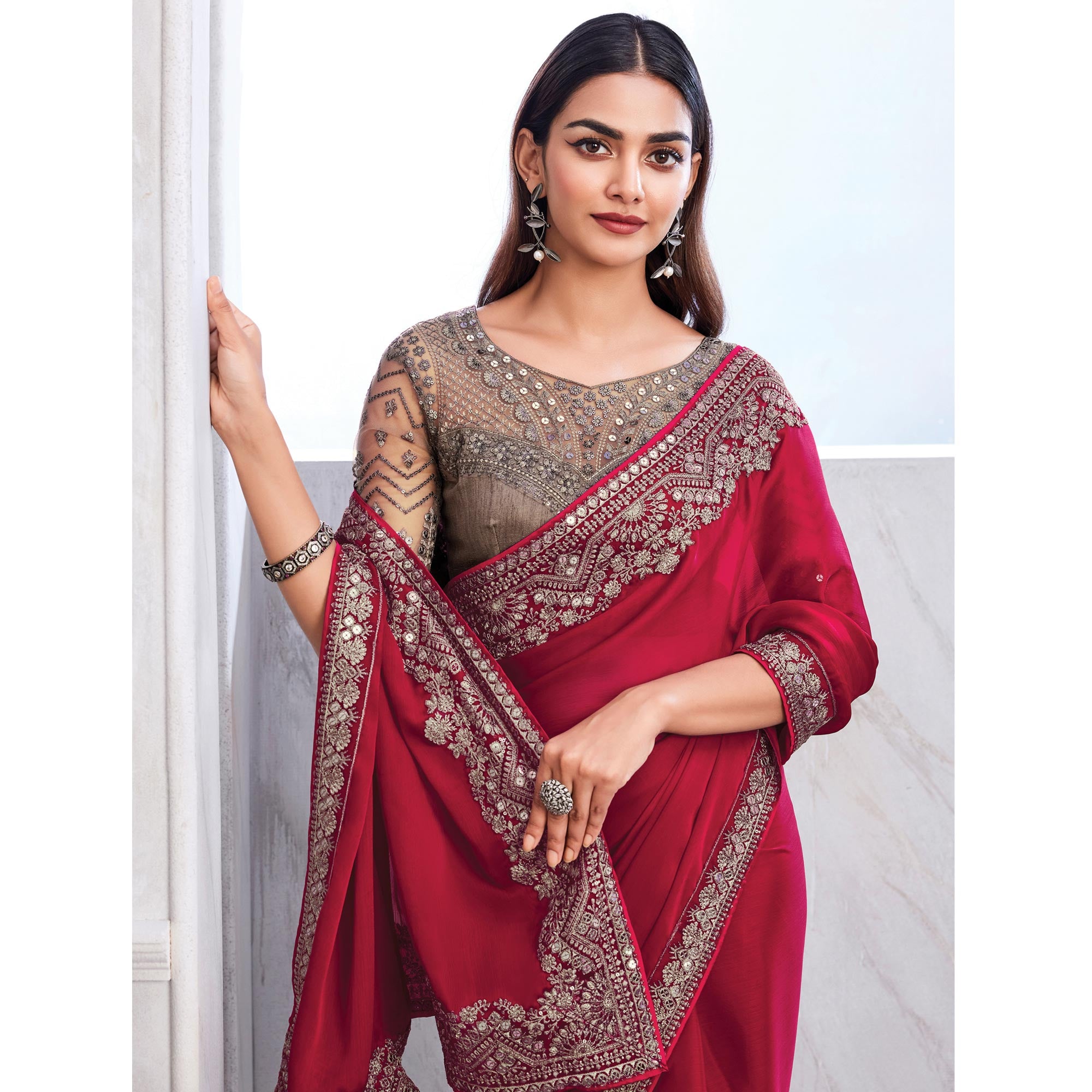 Pink Floral Sequins Embroidered Satin Saree