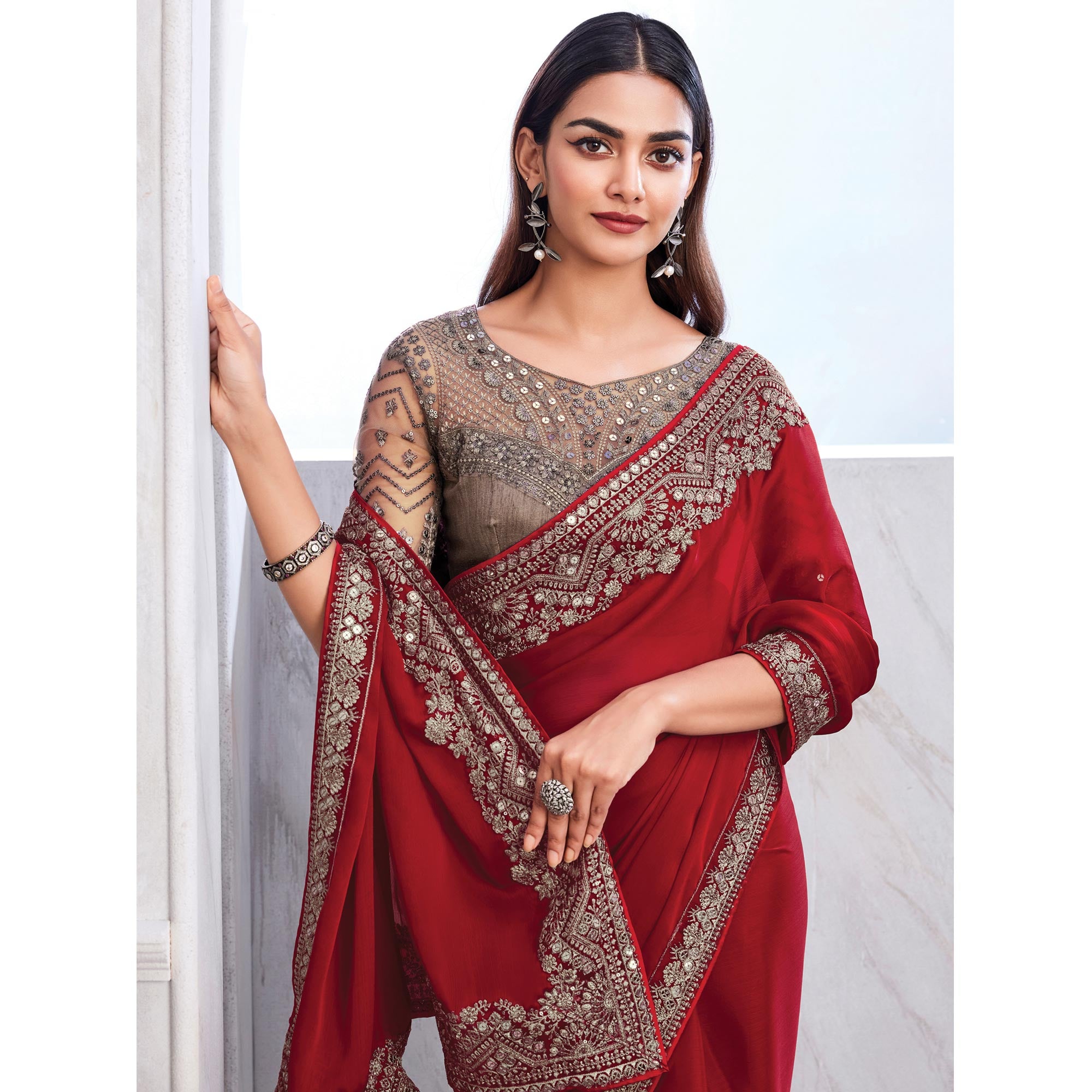 Red Floral Sequins Embroidered Satin Saree